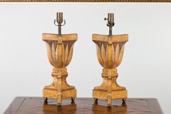 Pair of Italian Midcentury Painted and Carved Table Lamps with Stylized Foliage