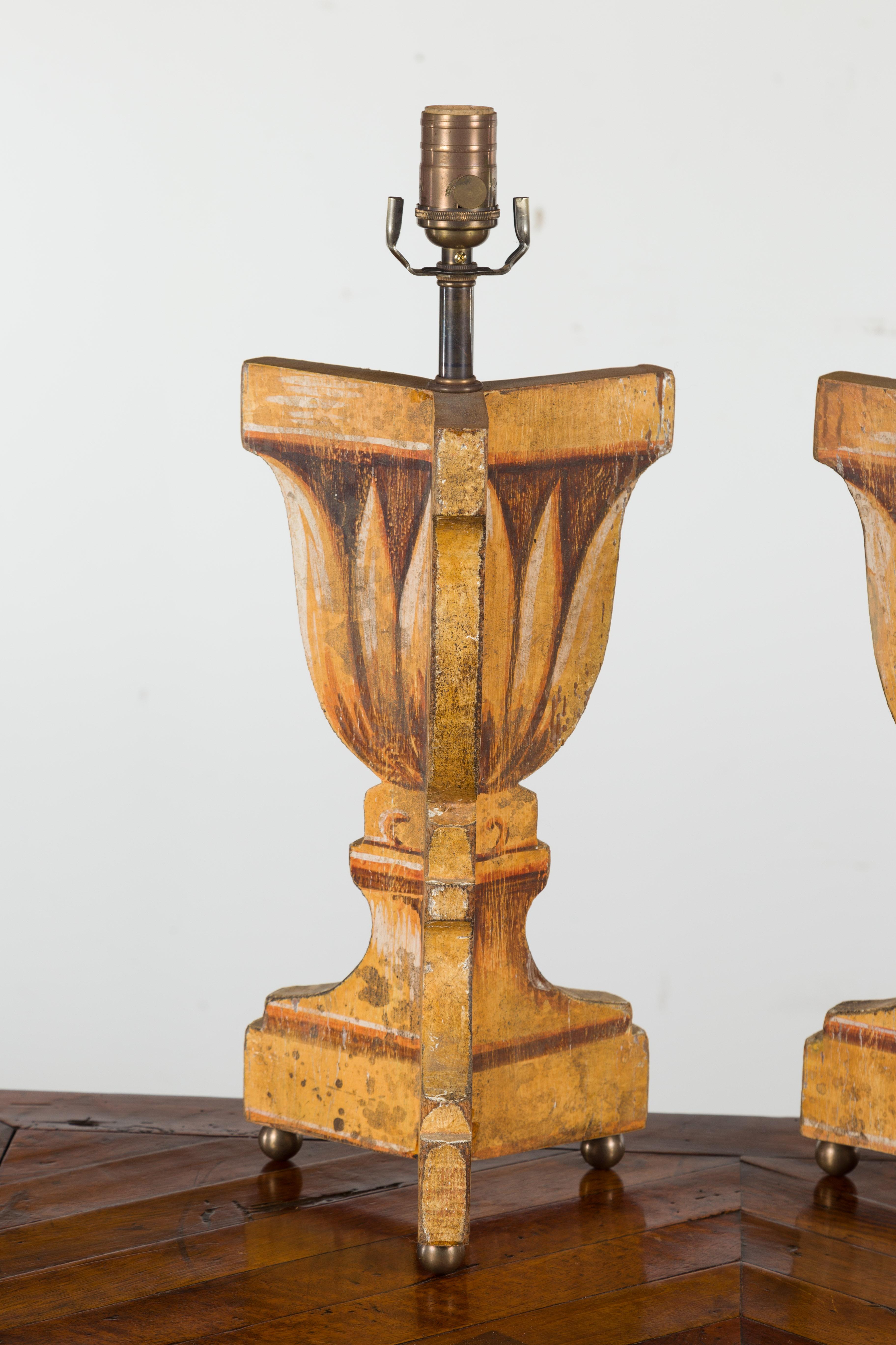 Wood Pair of Italian Midcentury Painted and Carved Table Lamps with Stylized Foliage For Sale