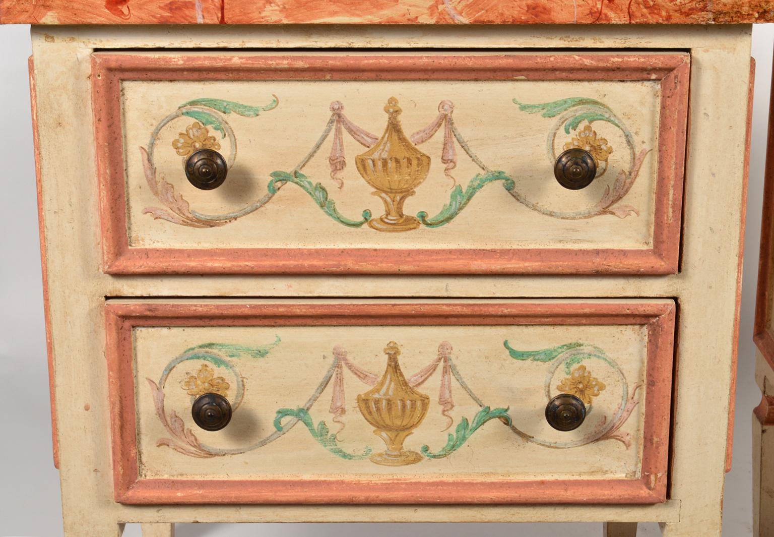 Louis XVI Pair of Italian Midcentury Painted and Marbleised Petite Two-Drawer Commodes