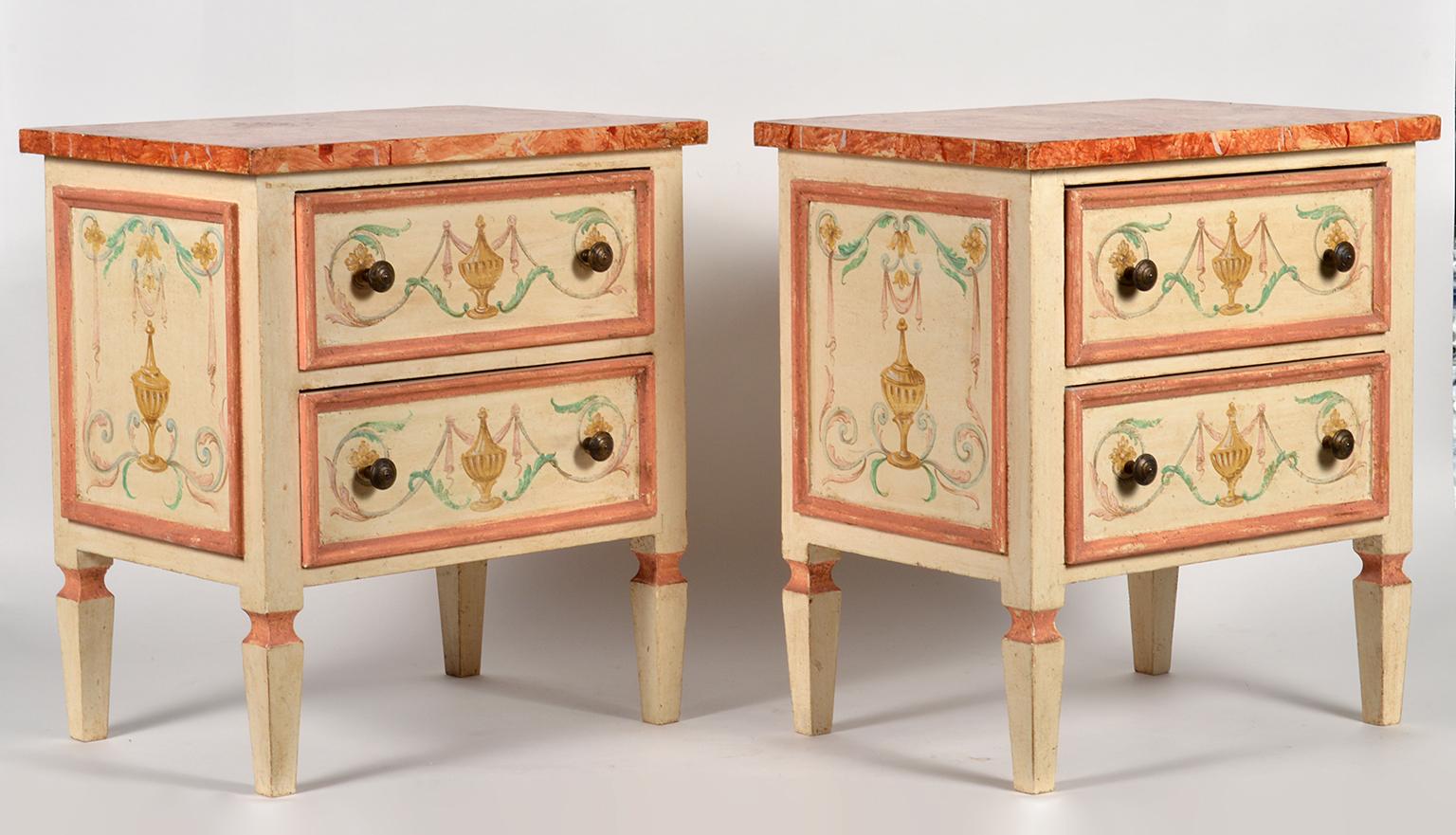 Pair of Italian Midcentury Painted and Marbleised Petite Two-Drawer Commodes In Good Condition In Ft. Lauderdale, FL