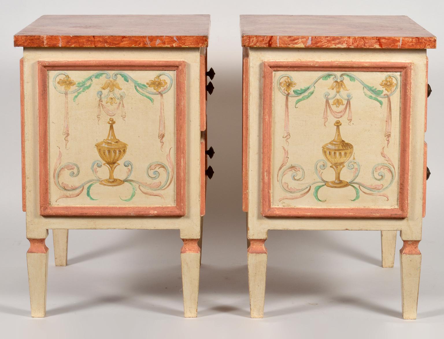 20th Century Pair of Italian Midcentury Painted and Marbleised Petite Two-Drawer Commodes