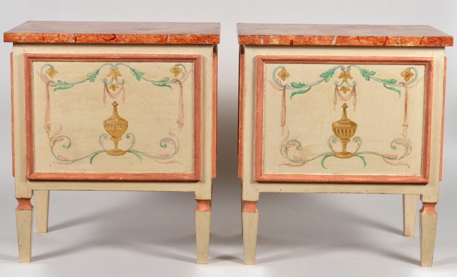 Wood Pair of Italian Midcentury Painted and Marbleised Petite Two-Drawer Commodes