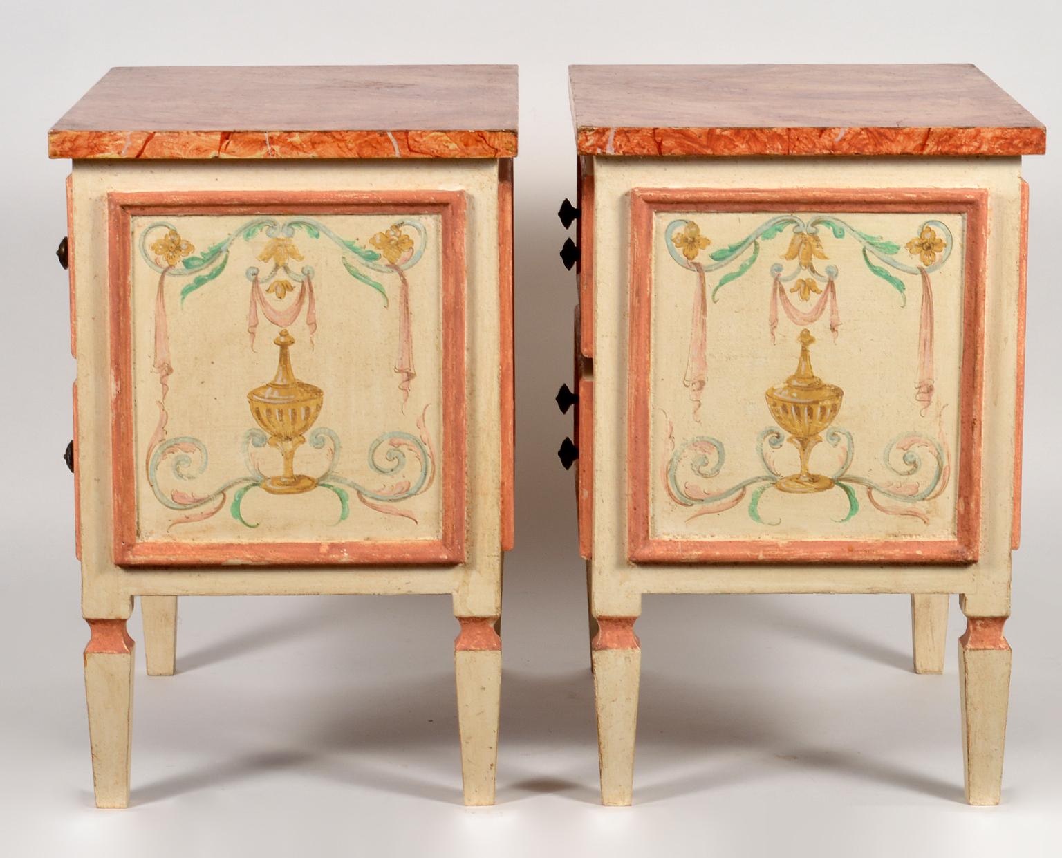 Pair of Italian Midcentury Painted and Marbleised Petite Two-Drawer Commodes 1