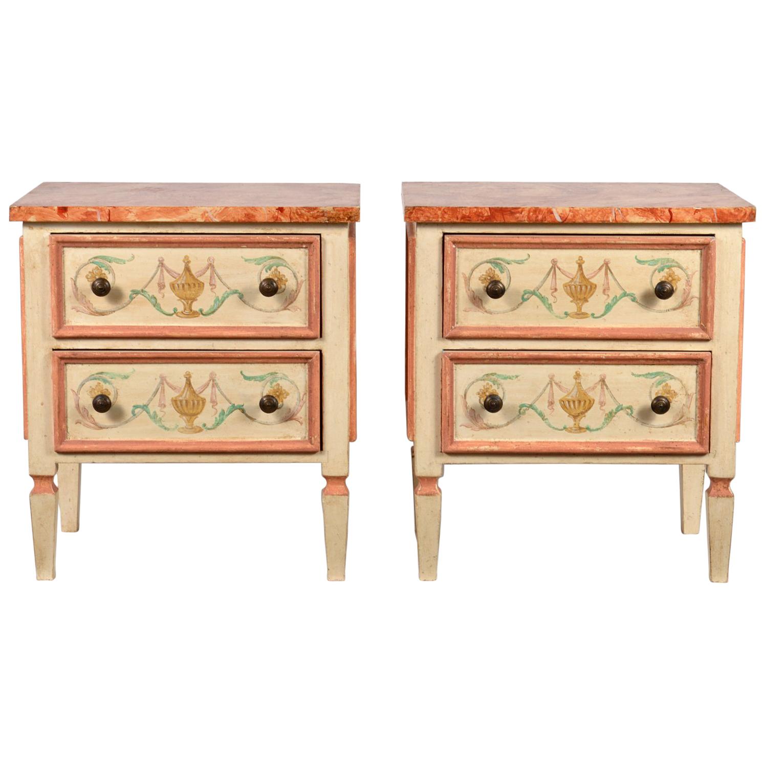 Pair of Italian Midcentury Painted and Marbleised Petite Two-Drawer Commodes