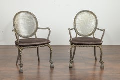 Pair of Italian Midcentury Polished Steel Rope Armchairs with Velvet Cushion