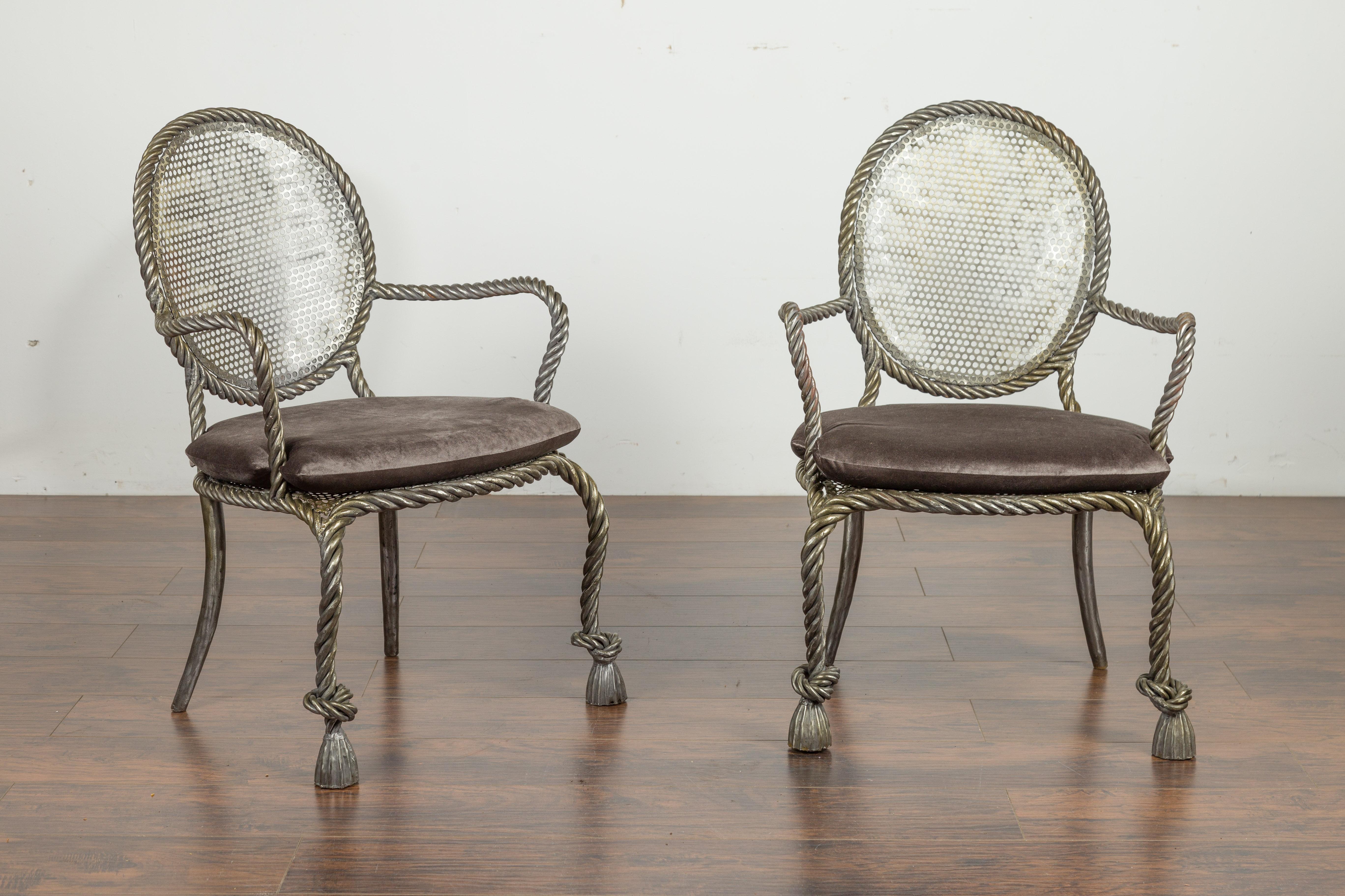 Mid-Century Modern Pair of Italian Midcentury Polished Steel Rope Armchairs with Velvet Cushion For Sale