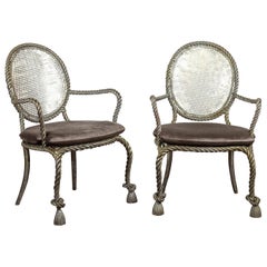 Pair of Italian Midcentury Polished Steel Rope Armchairs with Velvet Cushion