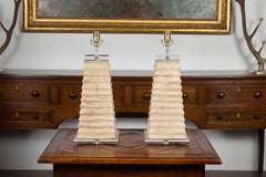 Pair of Italian Midcentury Pyramidal Shaped Fragment Table Lamps with Lucite