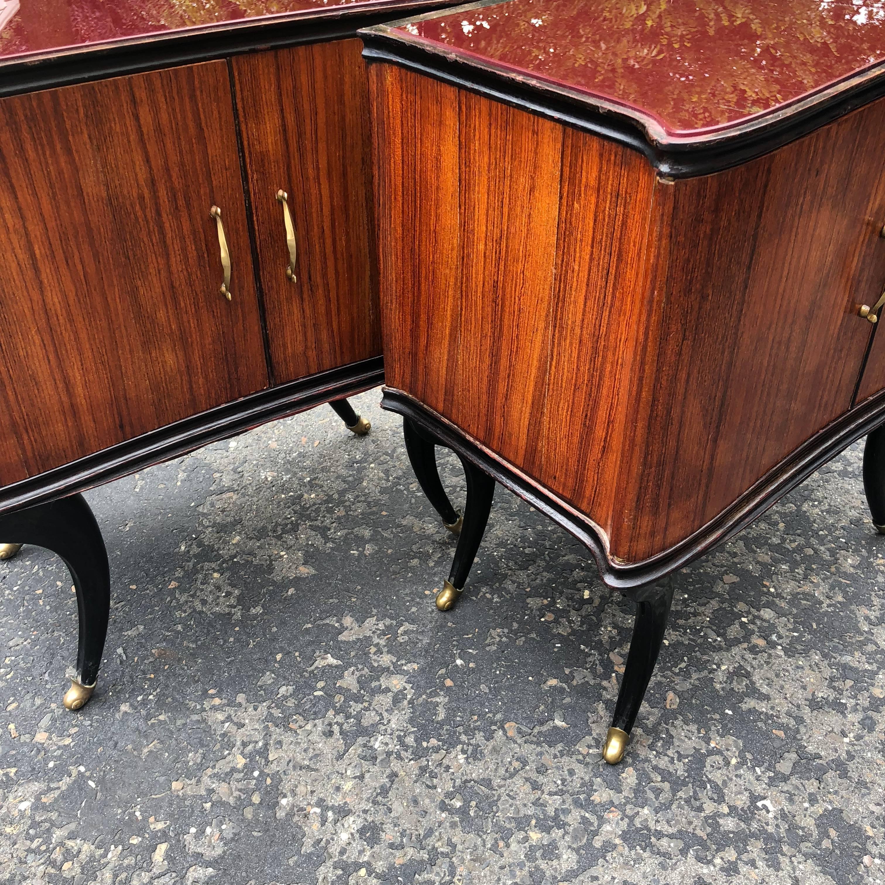 Pair Of Italian Mid-Century Red Glass-top Bed Side Tables On Brass-Capped Feet 7