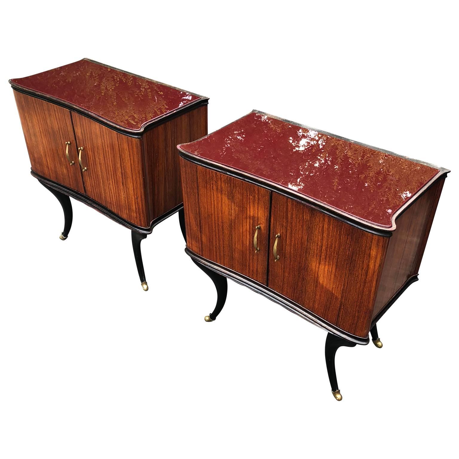 Pair Of Italian Mid-Century Red Glass-top Bed Side Tables On Brass-Capped Feet 3