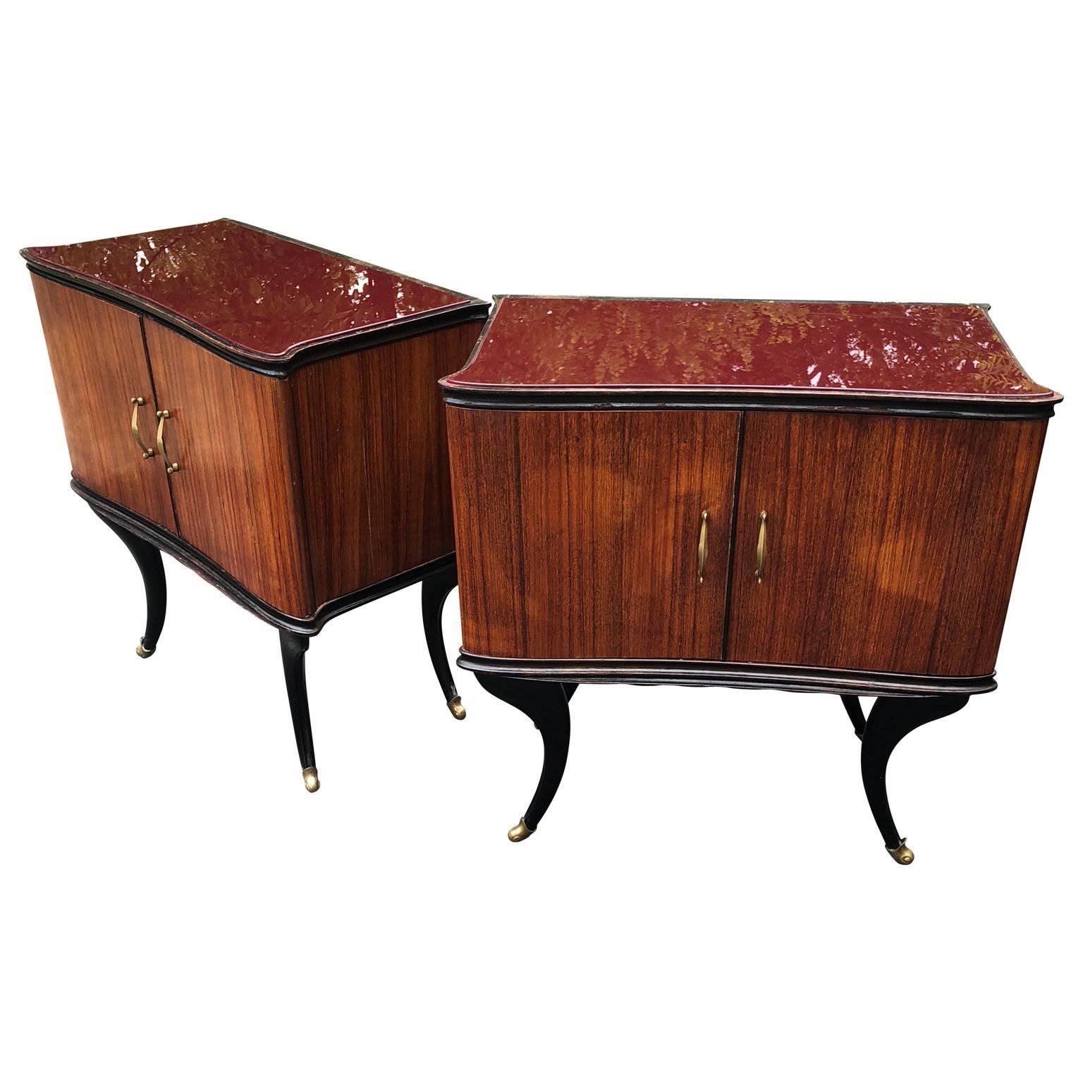 Pair Of Italian Mid-Century Red Glass-top Bed Side Tables On Brass-Capped Feet