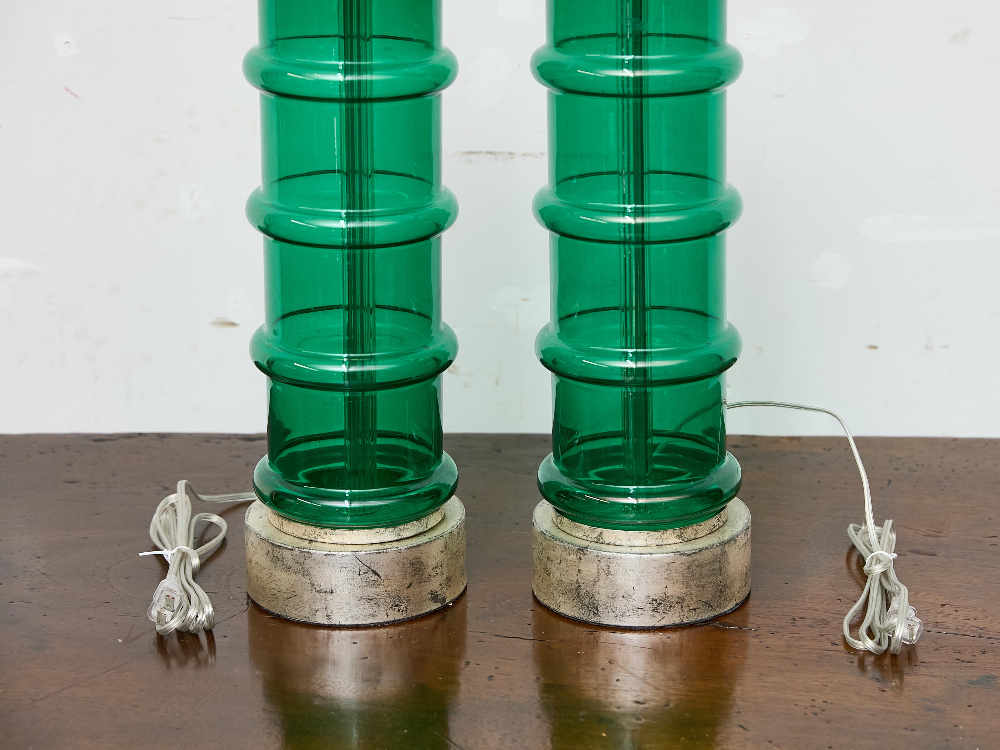 Silvered Pair of Italian Midcentury Ribbed Green Glass Lamps with Silver Bases, US Wired For Sale