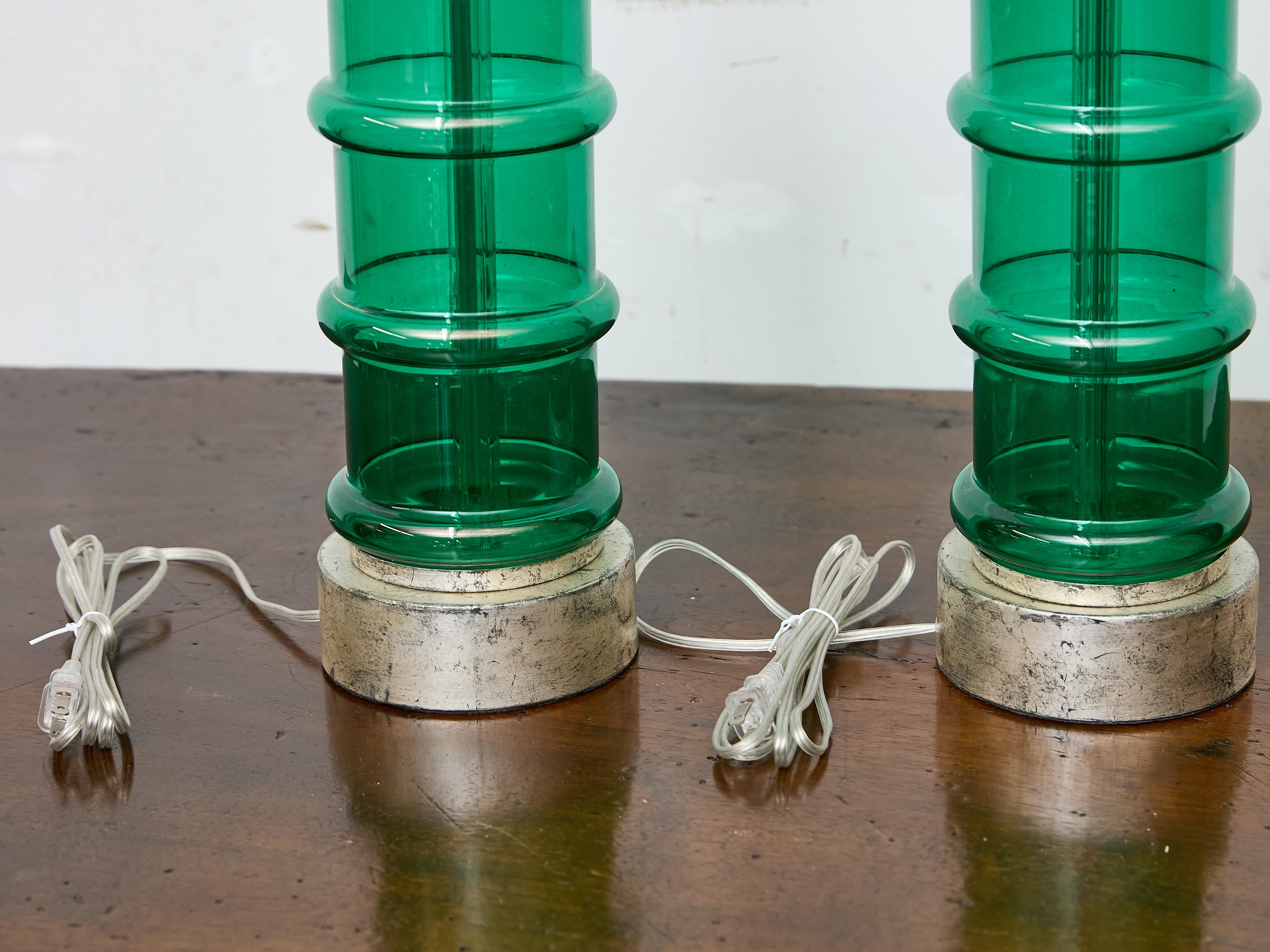Pair of Italian Midcentury Ribbed Green Glass Lamps with Silver Bases, US Wired In Good Condition For Sale In Atlanta, GA