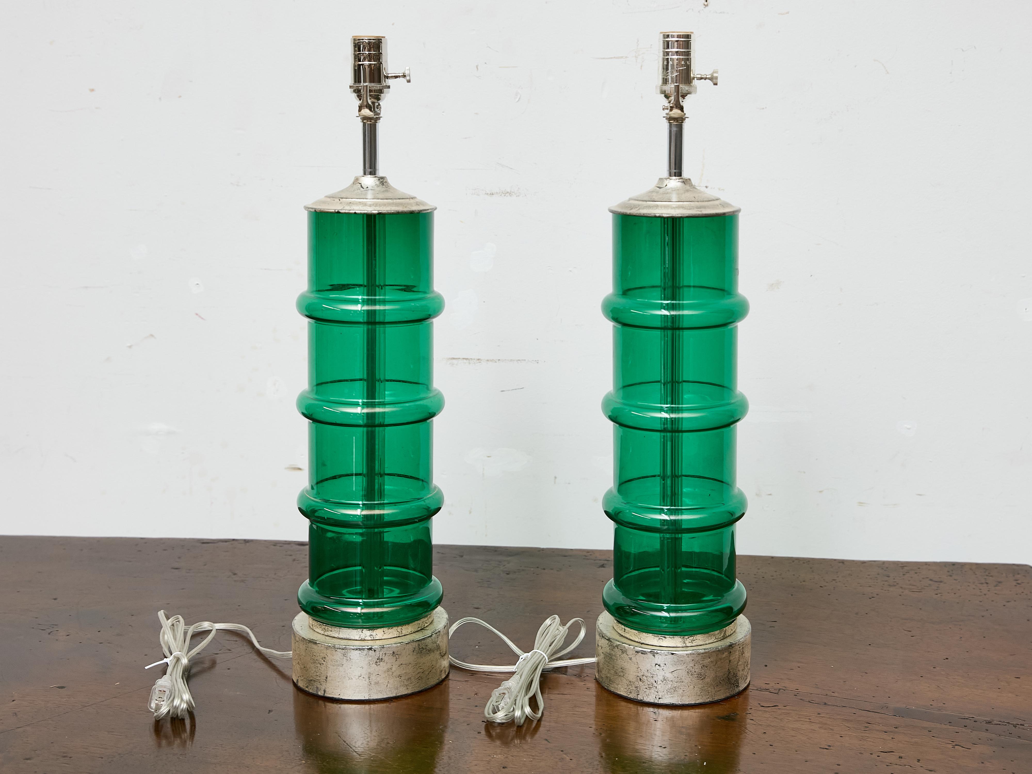 20th Century Pair of Italian Midcentury Ribbed Green Glass Lamps with Silver Bases, US Wired For Sale