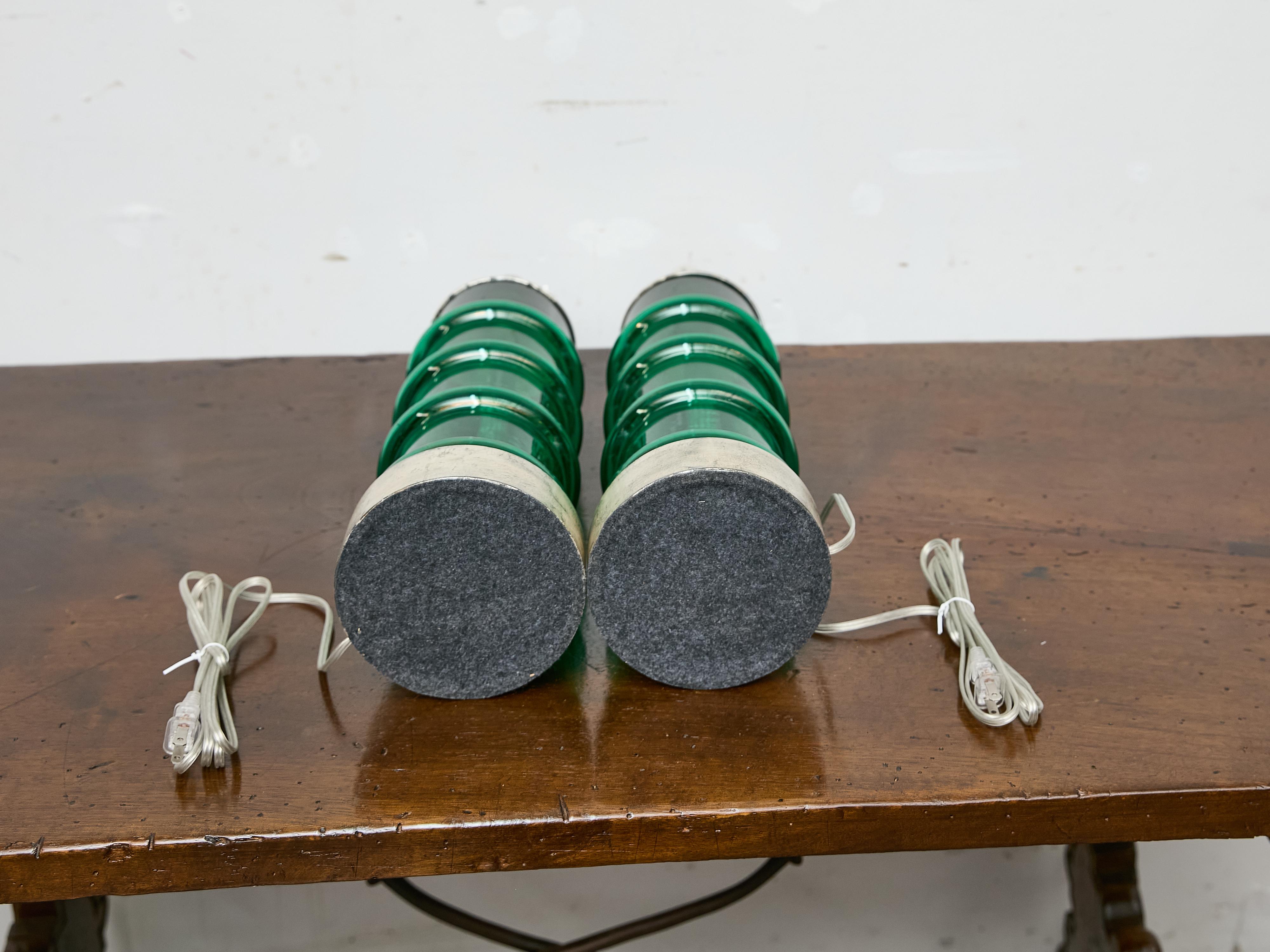 Metal Pair of Italian Midcentury Ribbed Green Glass Lamps with Silver Bases, US Wired For Sale