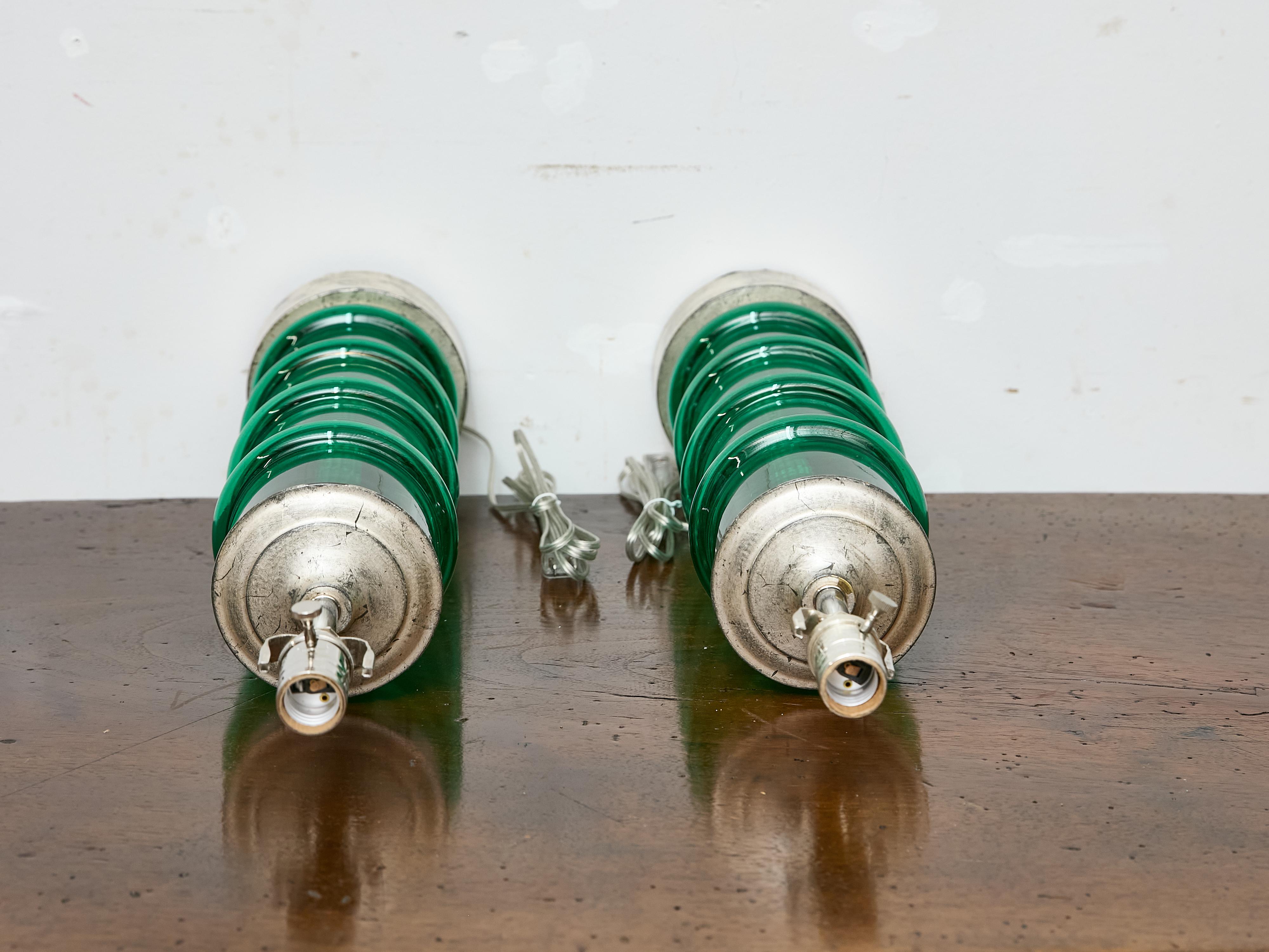 Pair of Italian Midcentury Ribbed Green Glass Lamps with Silver Bases, US Wired For Sale 1