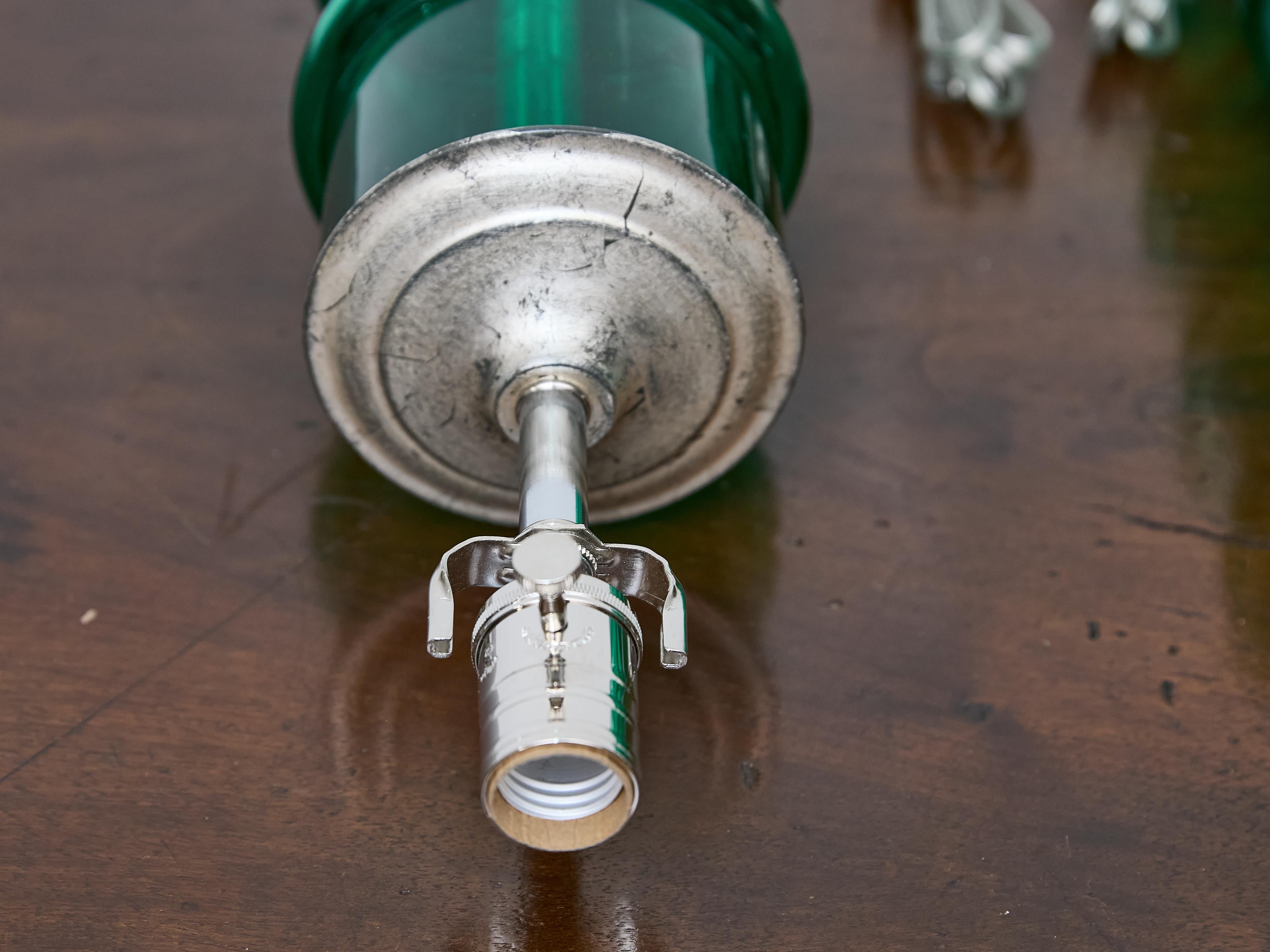 Pair of Italian Midcentury Ribbed Green Glass Lamps with Silver Bases, US Wired For Sale 2