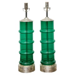 Vintage Pair of Italian Midcentury Ribbed Green Glass Lamps with Silver Bases, US Wired