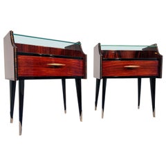 Pair of Italian Midcentury Teak Nightstands with Double Glass, 1960s