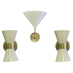 Pair Italian Sconces w Enameled Shades & Matching Pendant in Style of Stilnovo