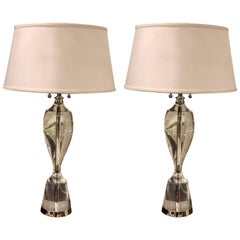 Pair of Italian Midcentury Solid Crystal & Nickel Table Lamps, Fontana Arte