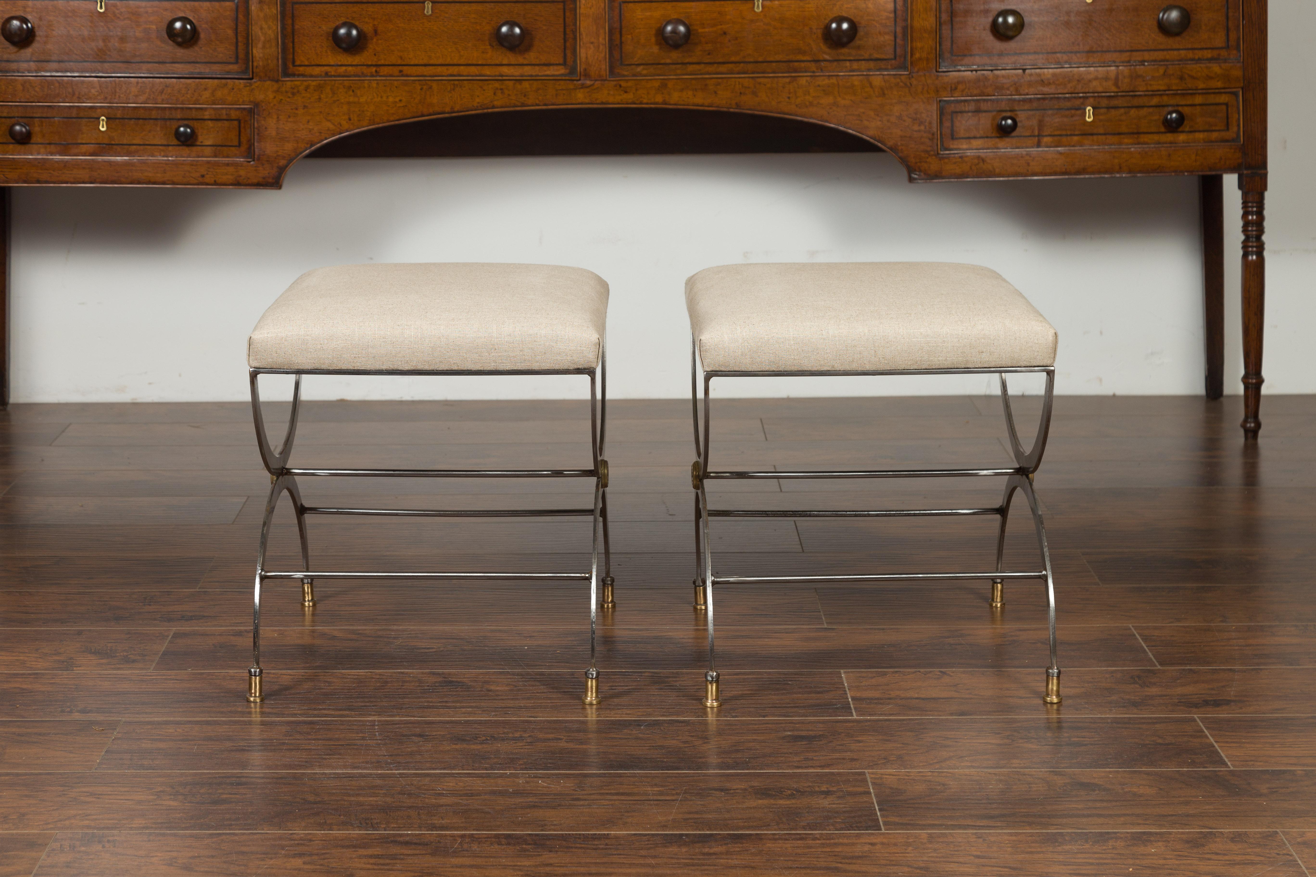 Pair of Italian Midcentury Steel Curule Stools with Brass Accents and Upholstery 5