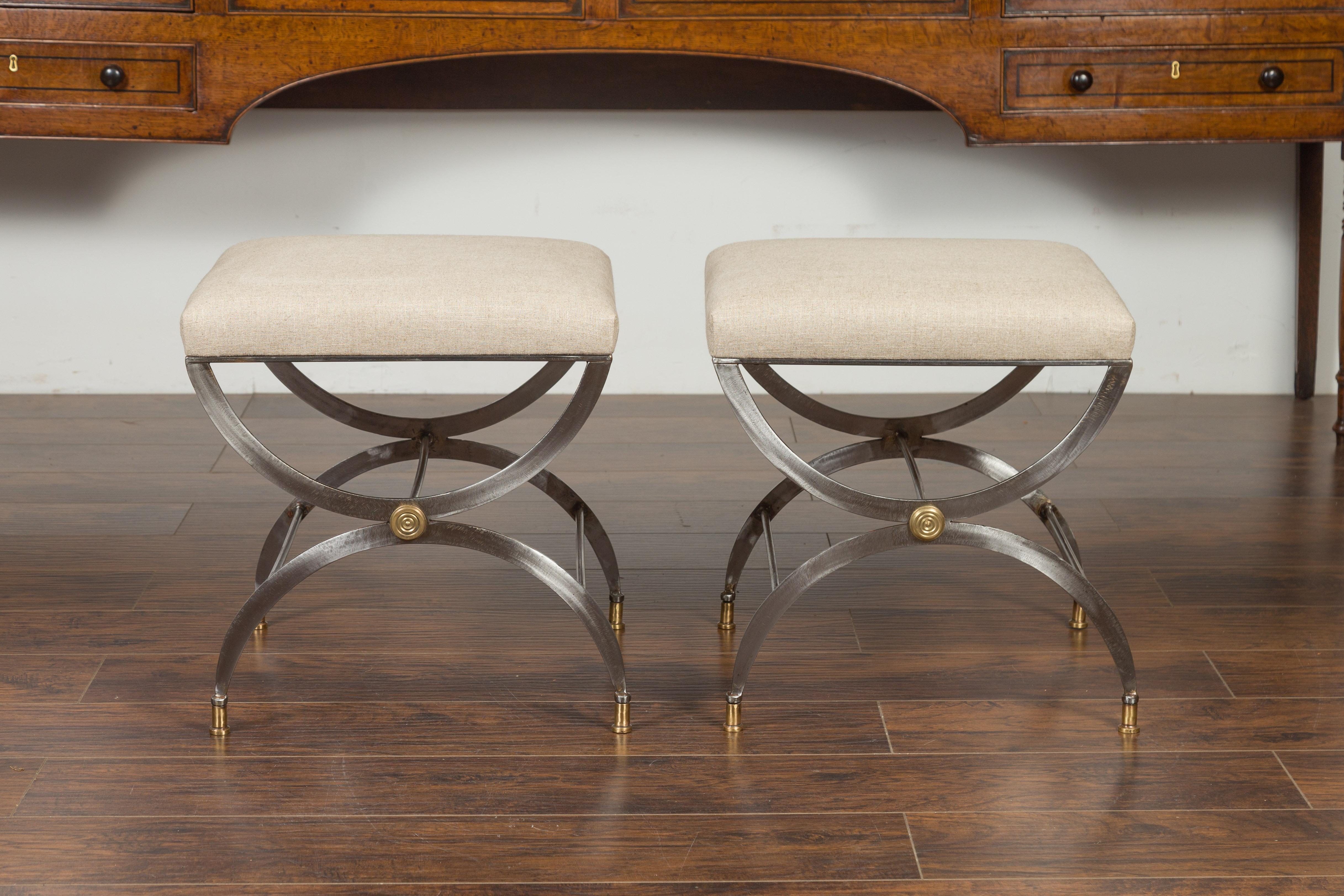 Pair of Italian Midcentury Steel Curule Stools with Brass Accents and Upholstery 6