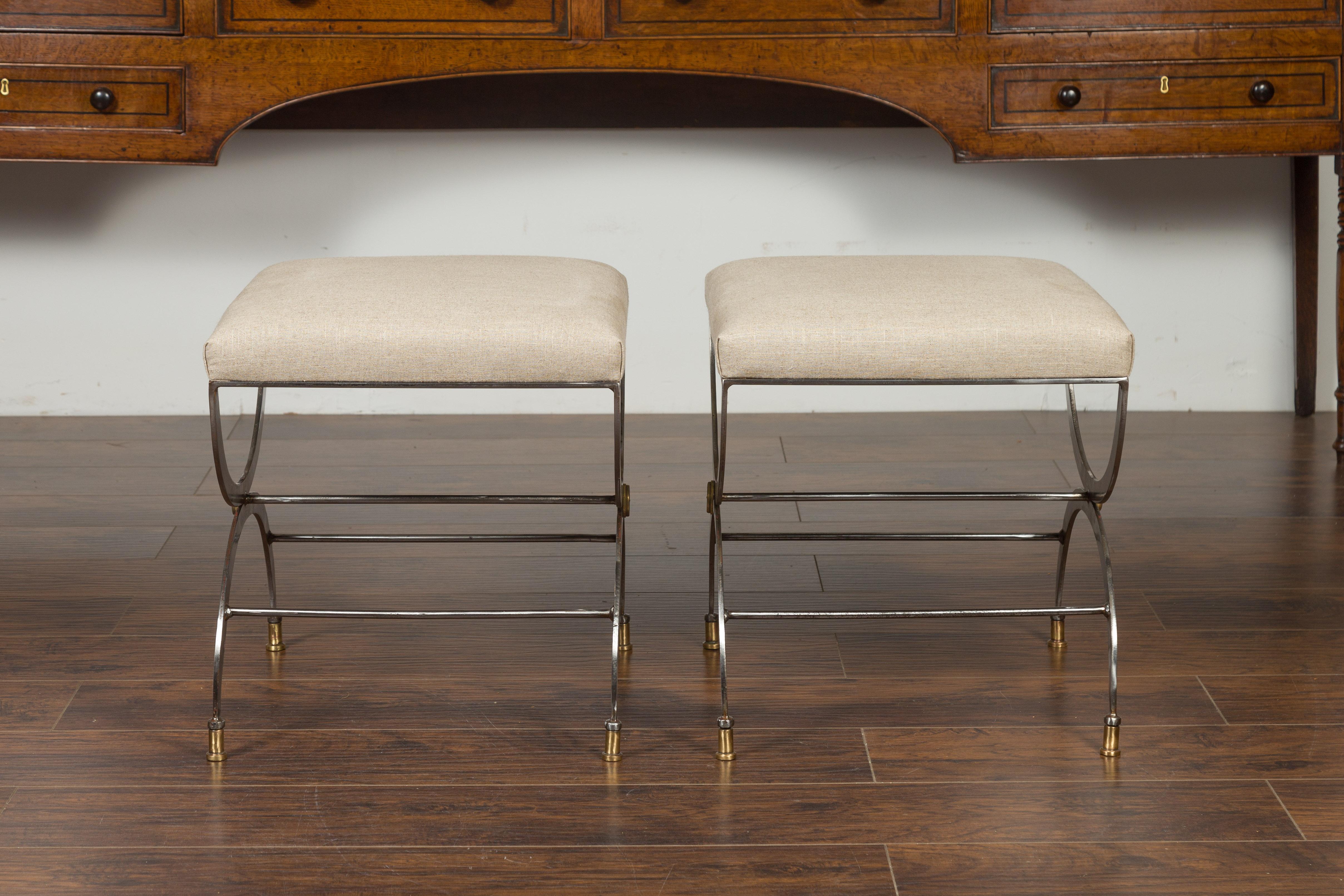 Pair of Italian Midcentury Steel Curule Stools with Brass Accents and Upholstery 7