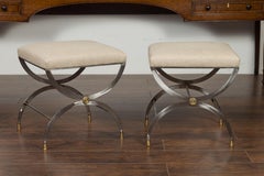 Pair of Italian Midcentury Steel Curule Stools with Brass Accents and Upholstery