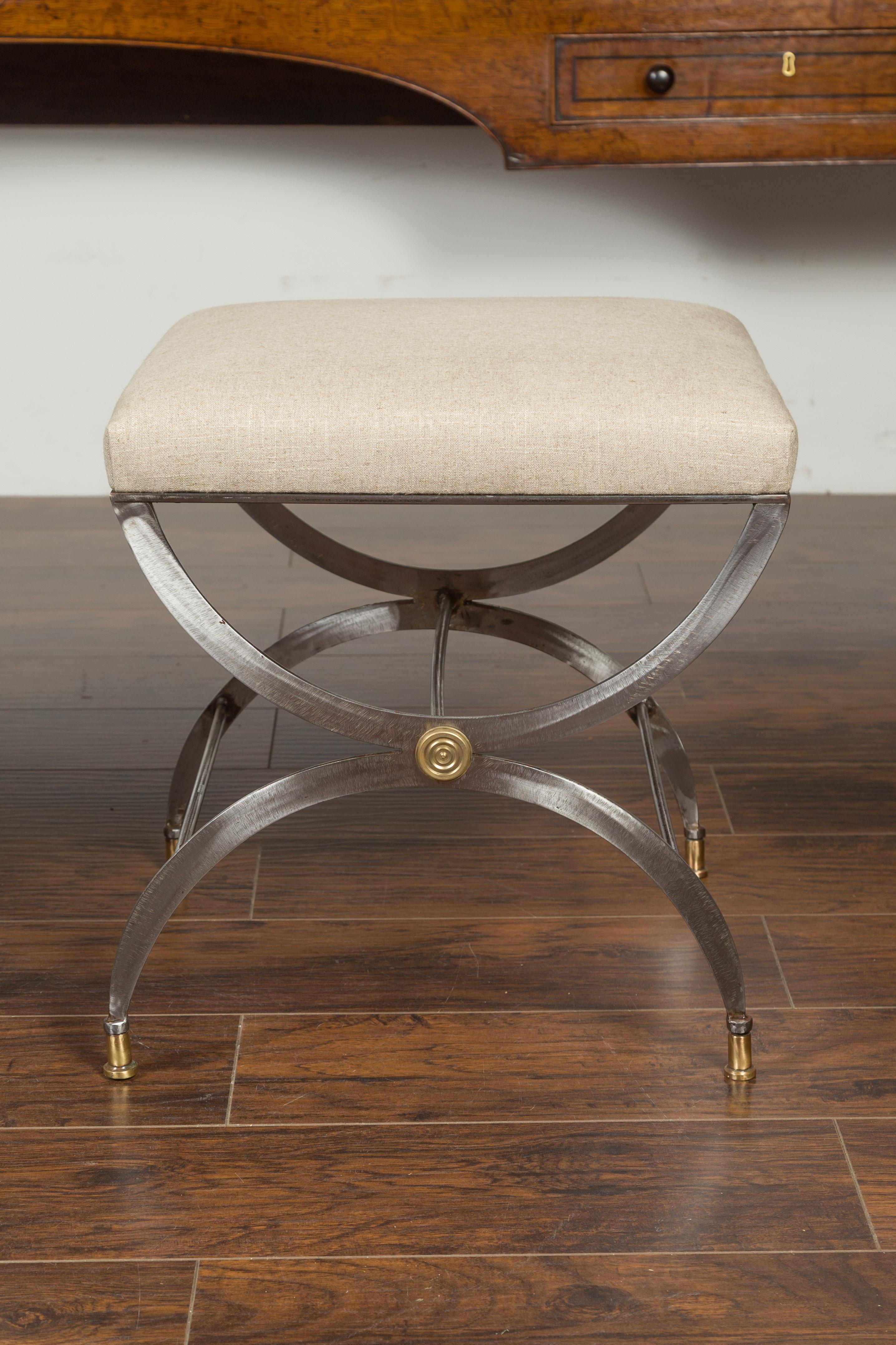 Pair of Italian Midcentury Steel Curule Stools with Brass Accents and Upholstery In Good Condition In Atlanta, GA