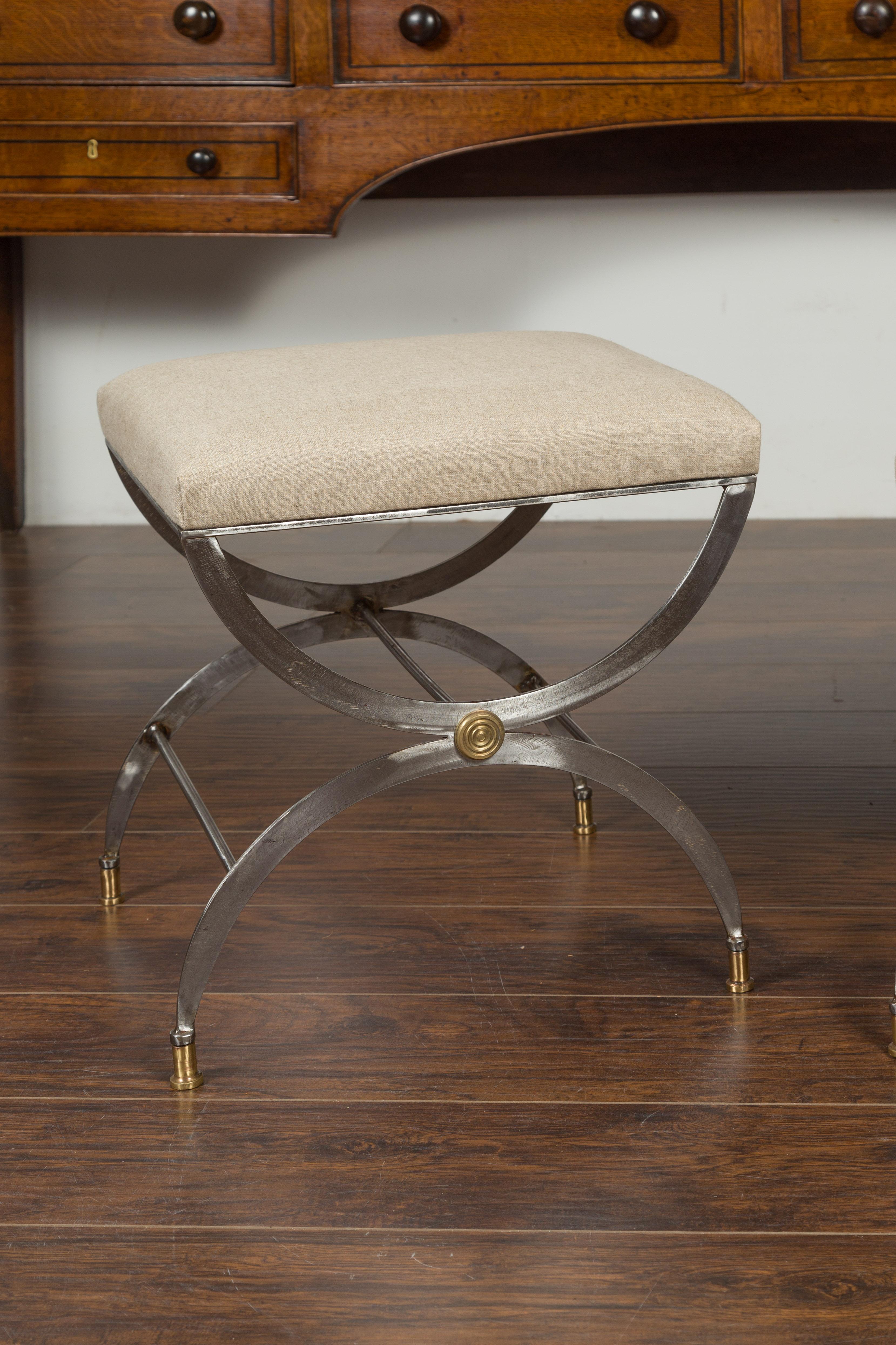 20th Century Pair of Italian Midcentury Steel Curule Stools with Brass Accents and Upholstery