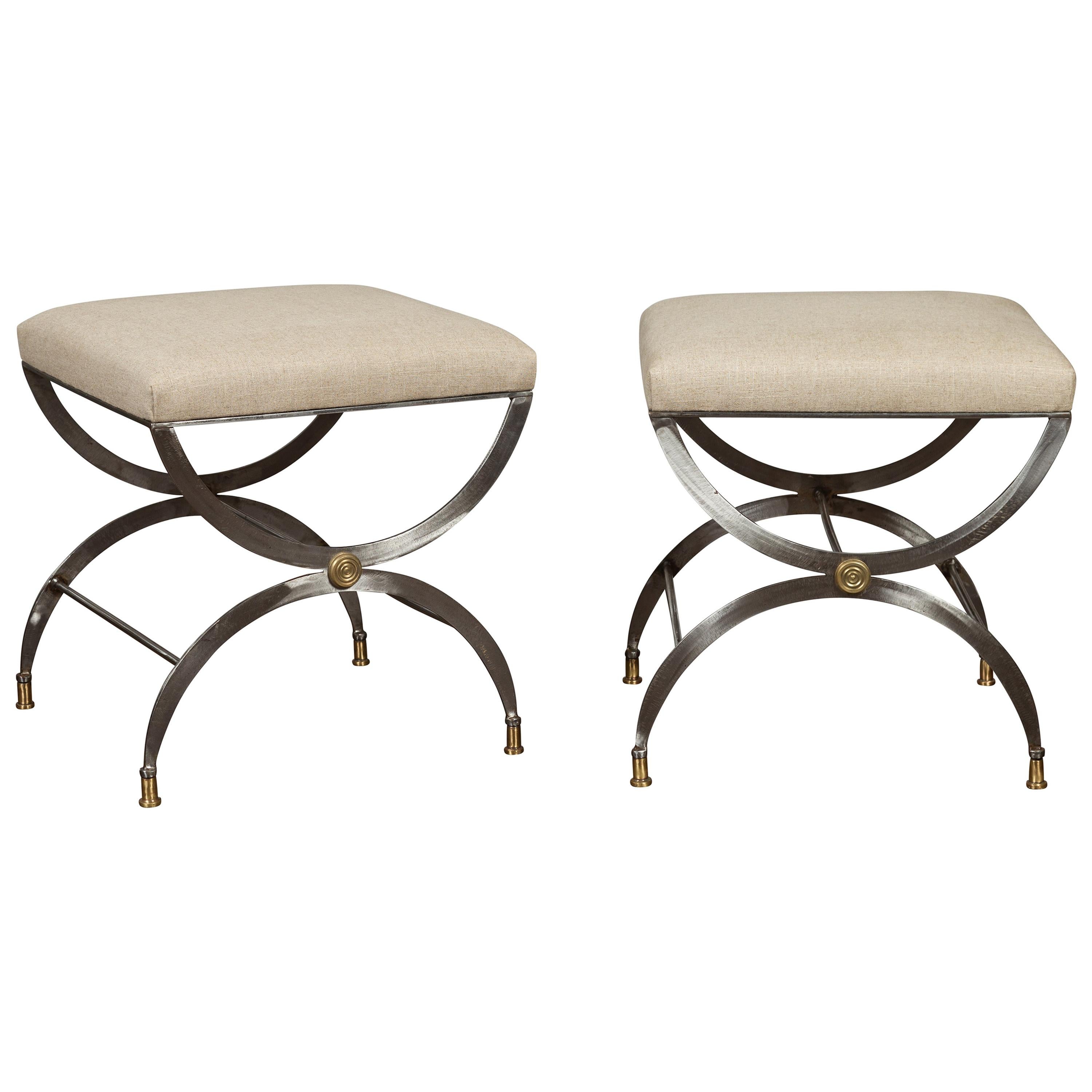 Pair of Italian Midcentury Steel Curule Stools with Brass Accents and Upholstery