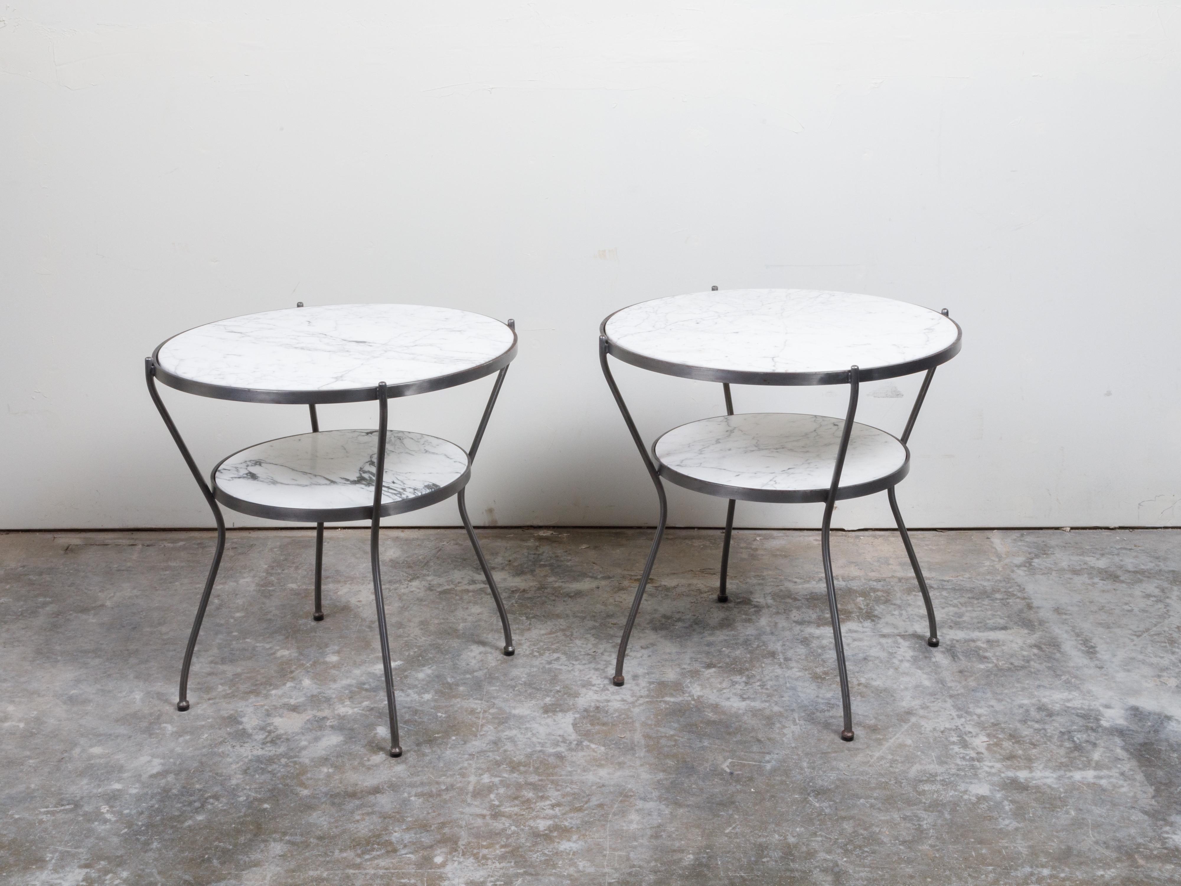 Pair of Italian Midcentury Steel Side Tables with Marble Tops and Shelves For Sale 5