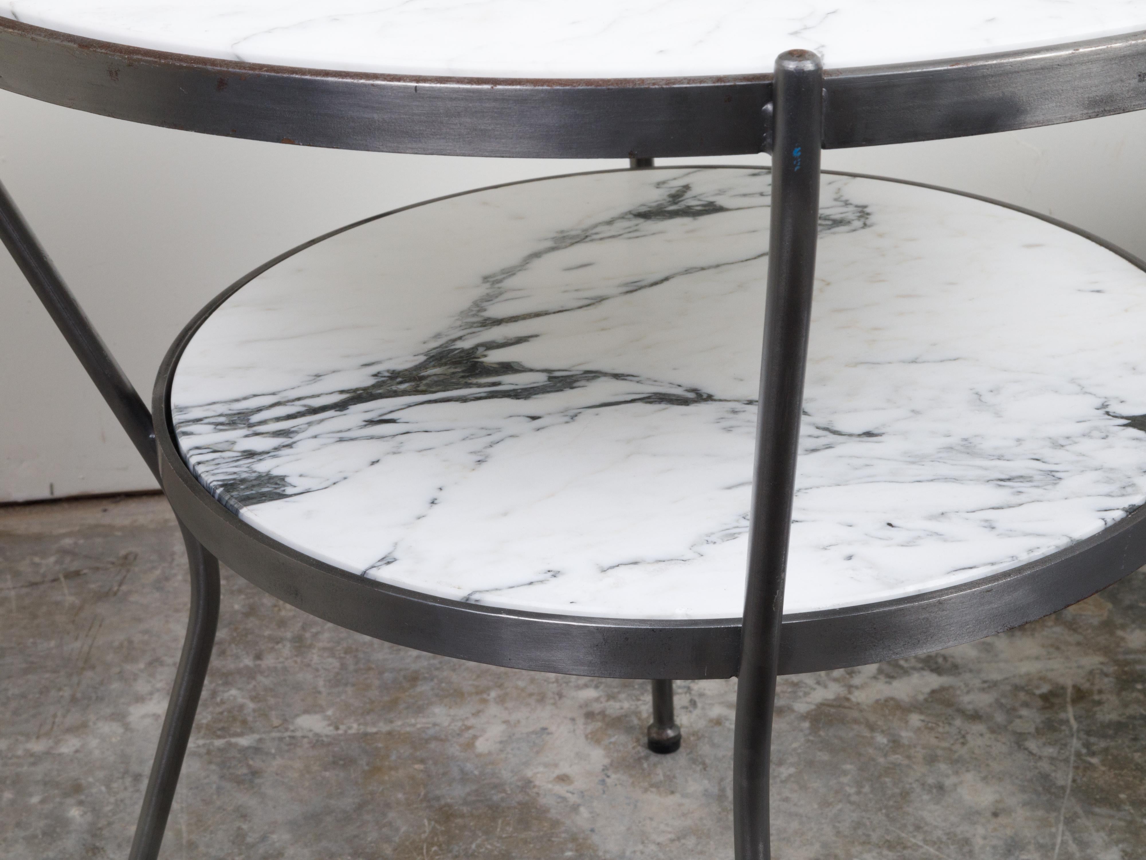 Pair of Italian Midcentury Steel Side Tables with Marble Tops and Shelves For Sale 6