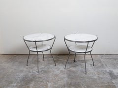 Pair of Italian Midcentury Steel Side Tables with Marble Tops and Shelves