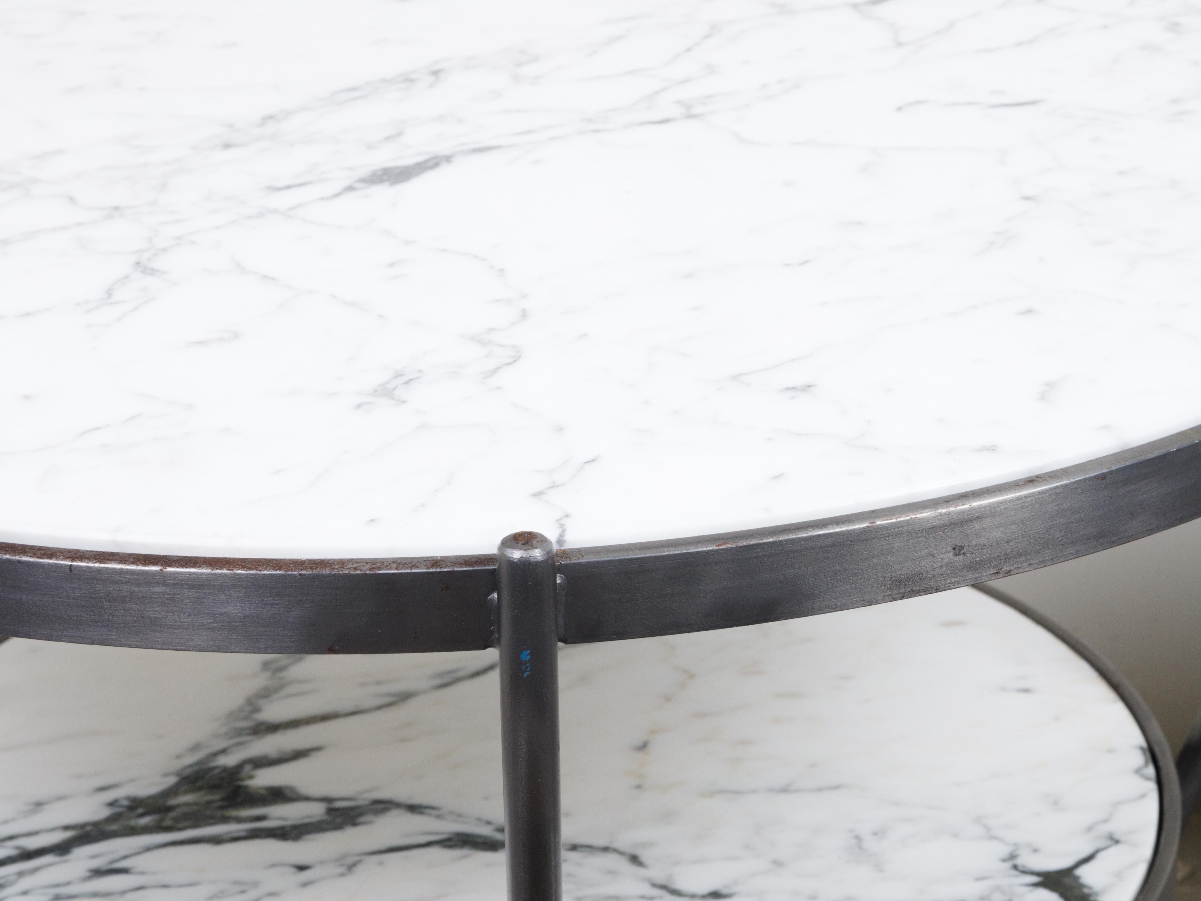 Mid-Century Modern Pair of Italian Midcentury Steel Side Tables with Marble Tops and Shelves For Sale