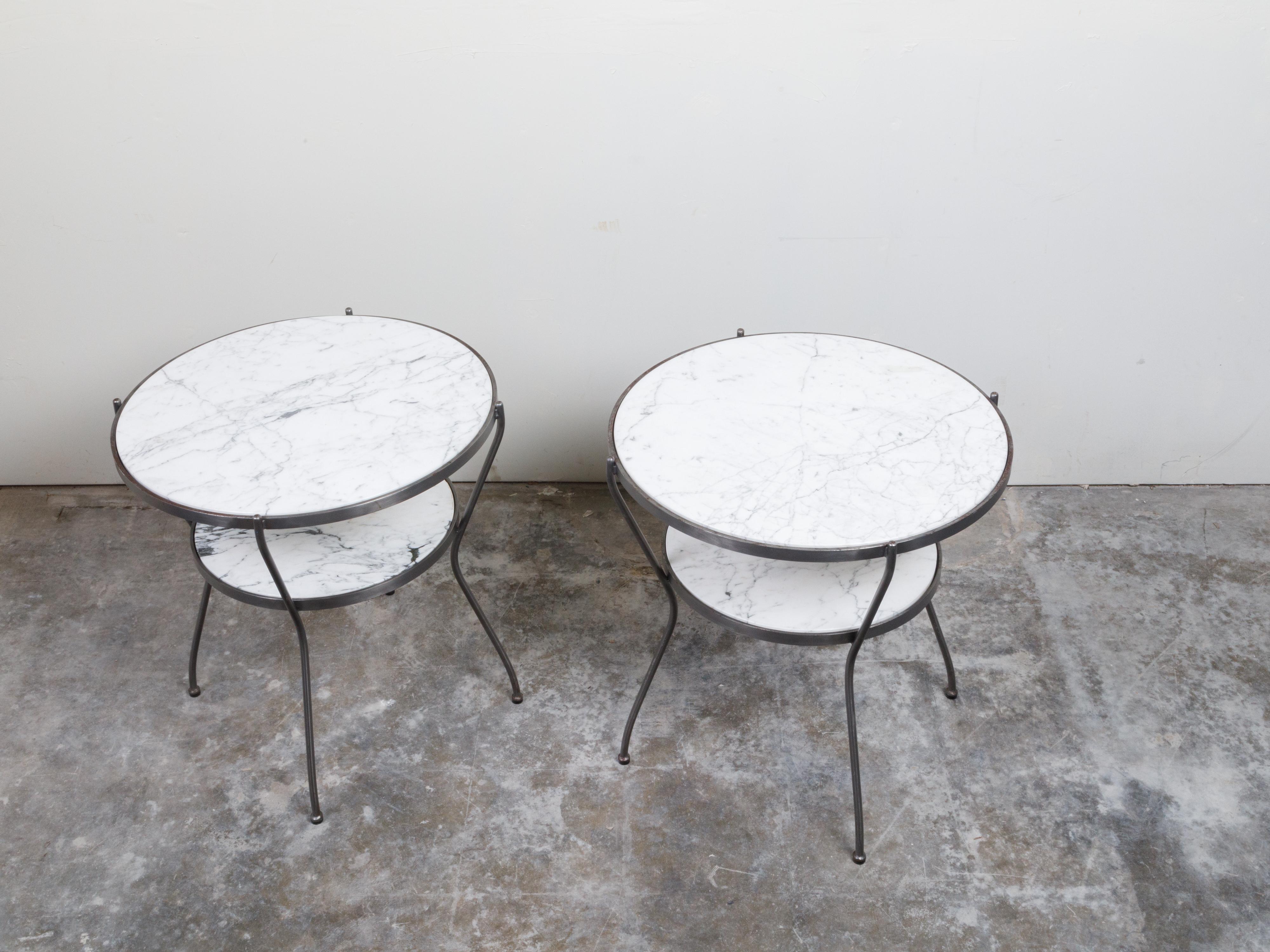 Pair of Italian Midcentury Steel Side Tables with Marble Tops and Shelves In Good Condition For Sale In Atlanta, GA