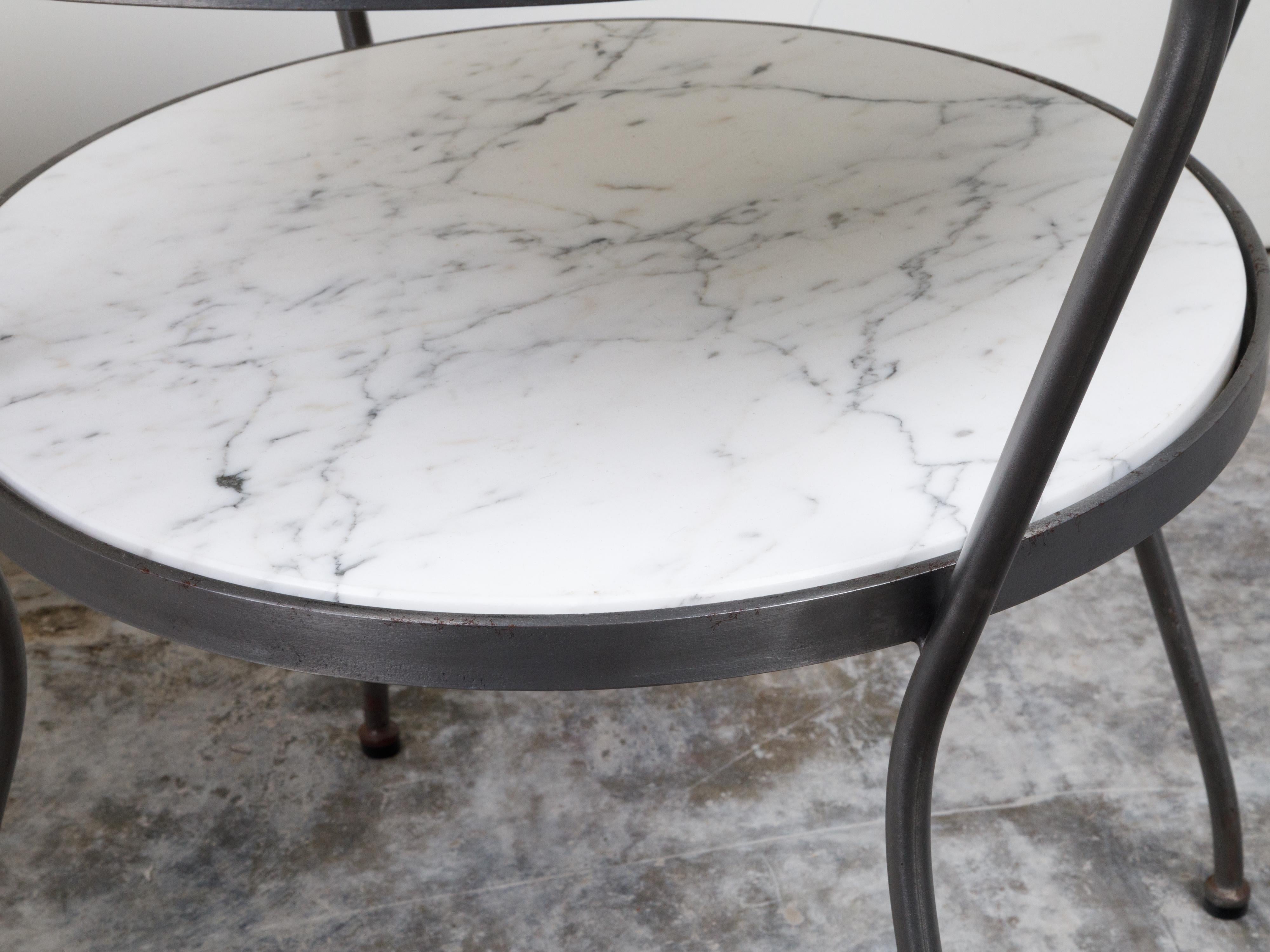 Pair of Italian Midcentury Steel Side Tables with Marble Tops and Shelves For Sale 1