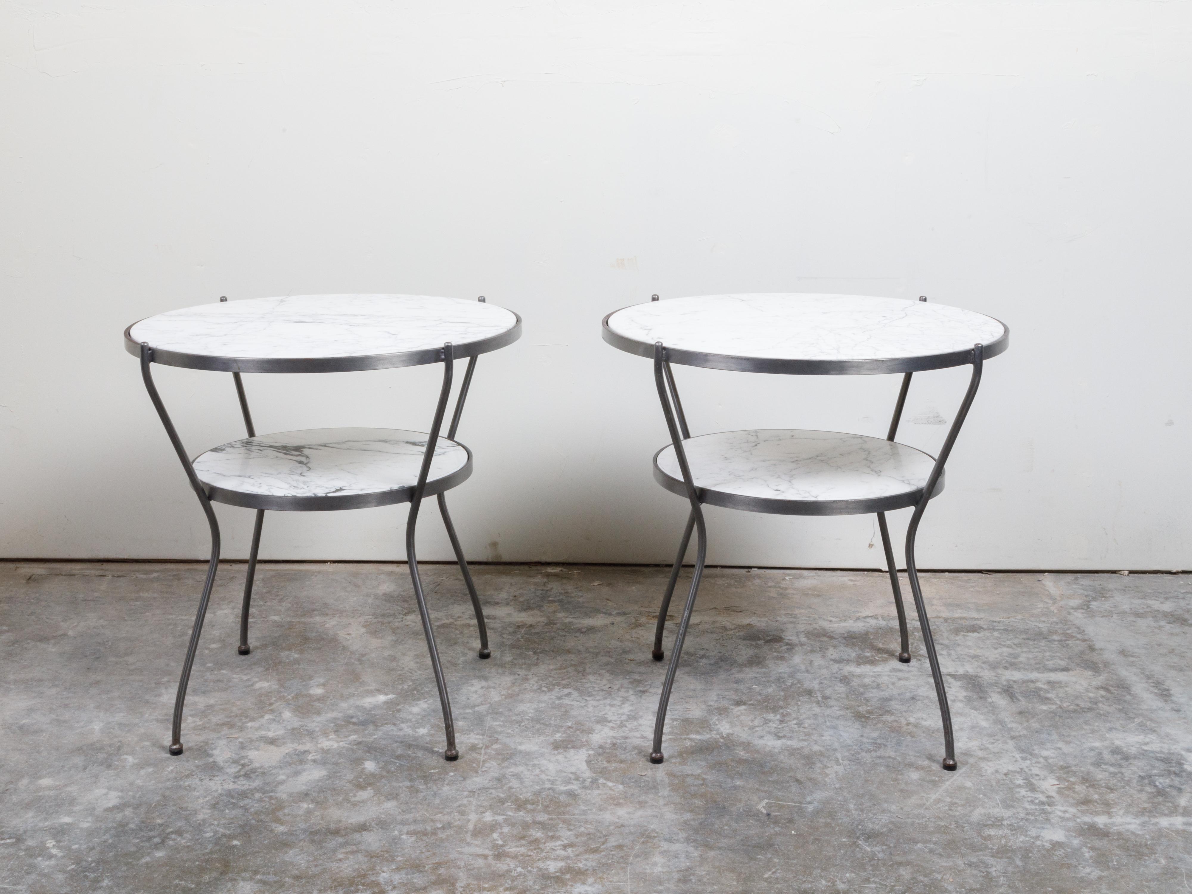 Pair of Italian Midcentury Steel Side Tables with Marble Tops and Shelves For Sale 2