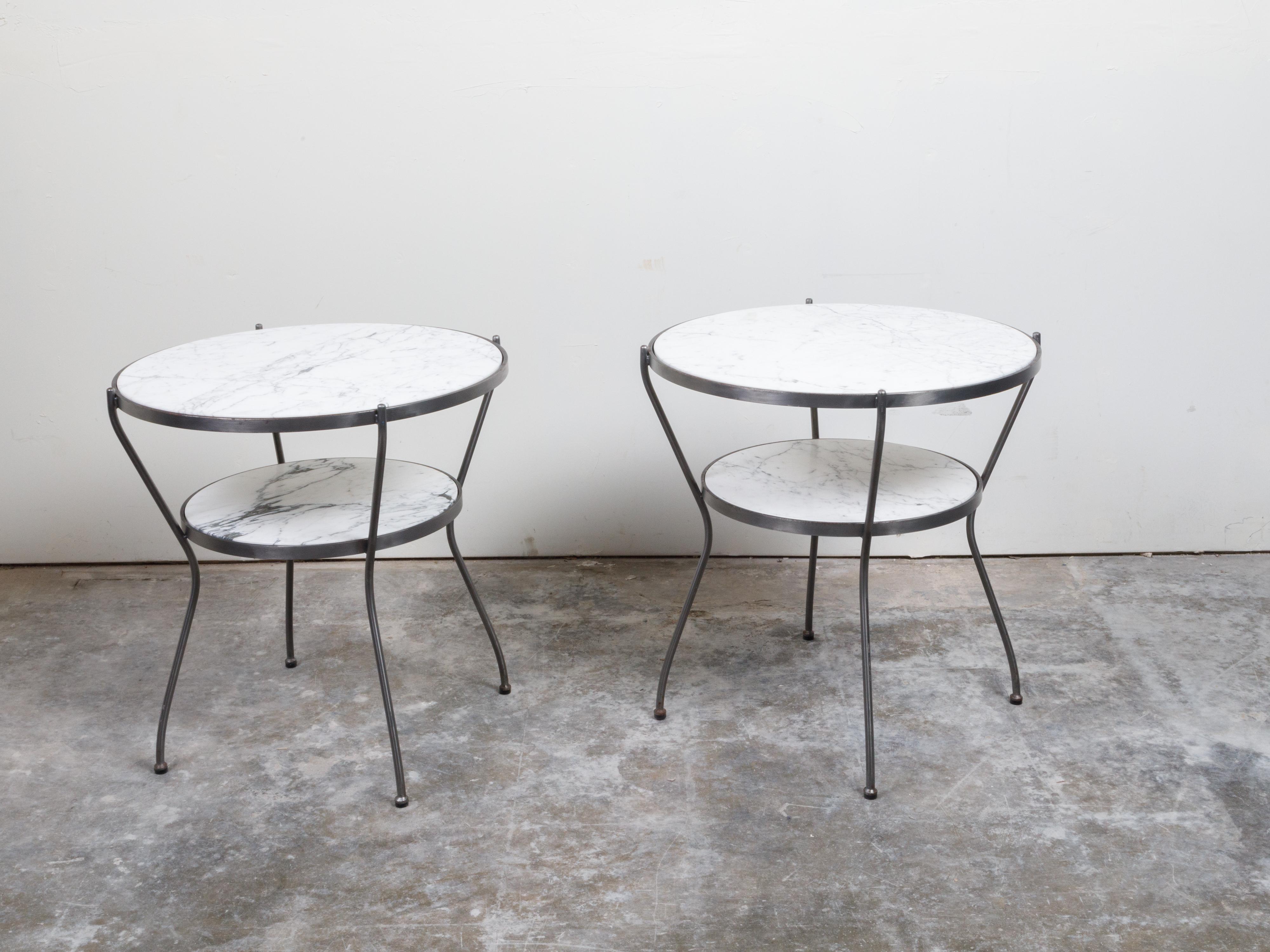 Pair of Italian Midcentury Steel Side Tables with Marble Tops and Shelves For Sale 3
