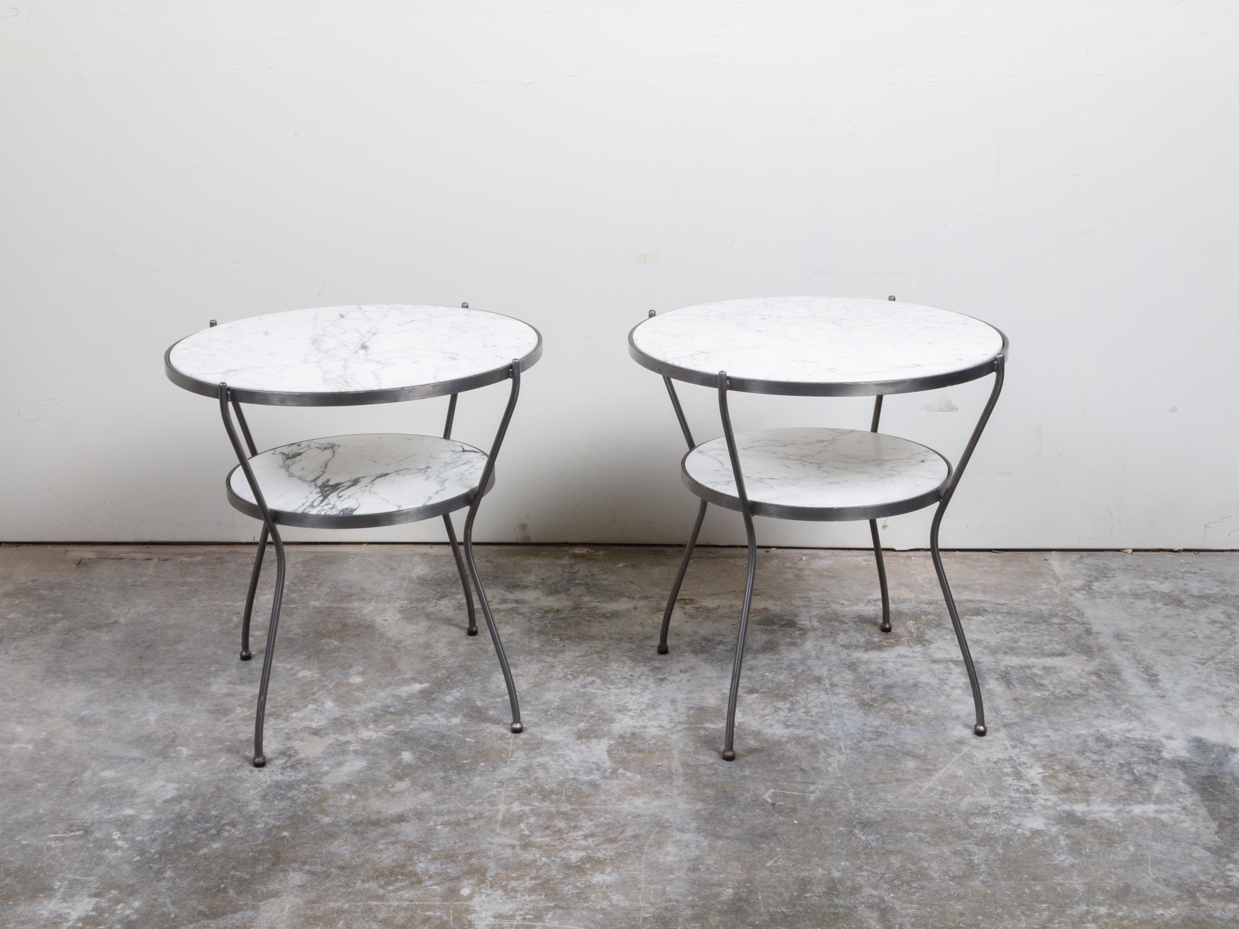 Pair of Italian Midcentury Steel Side Tables with Marble Tops and Shelves For Sale 4