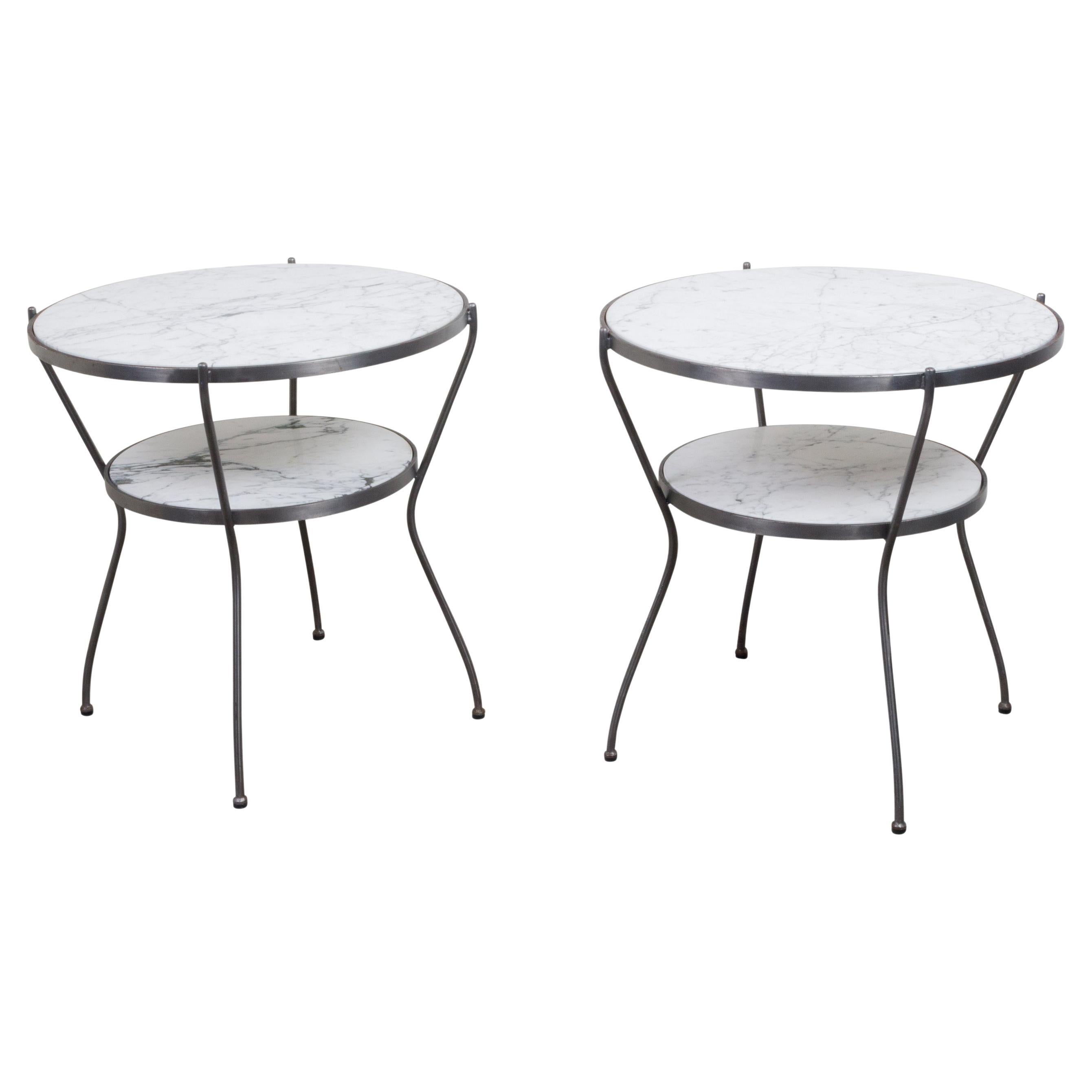 Pair of Italian Midcentury Steel Side Tables with Marble Tops and Shelves