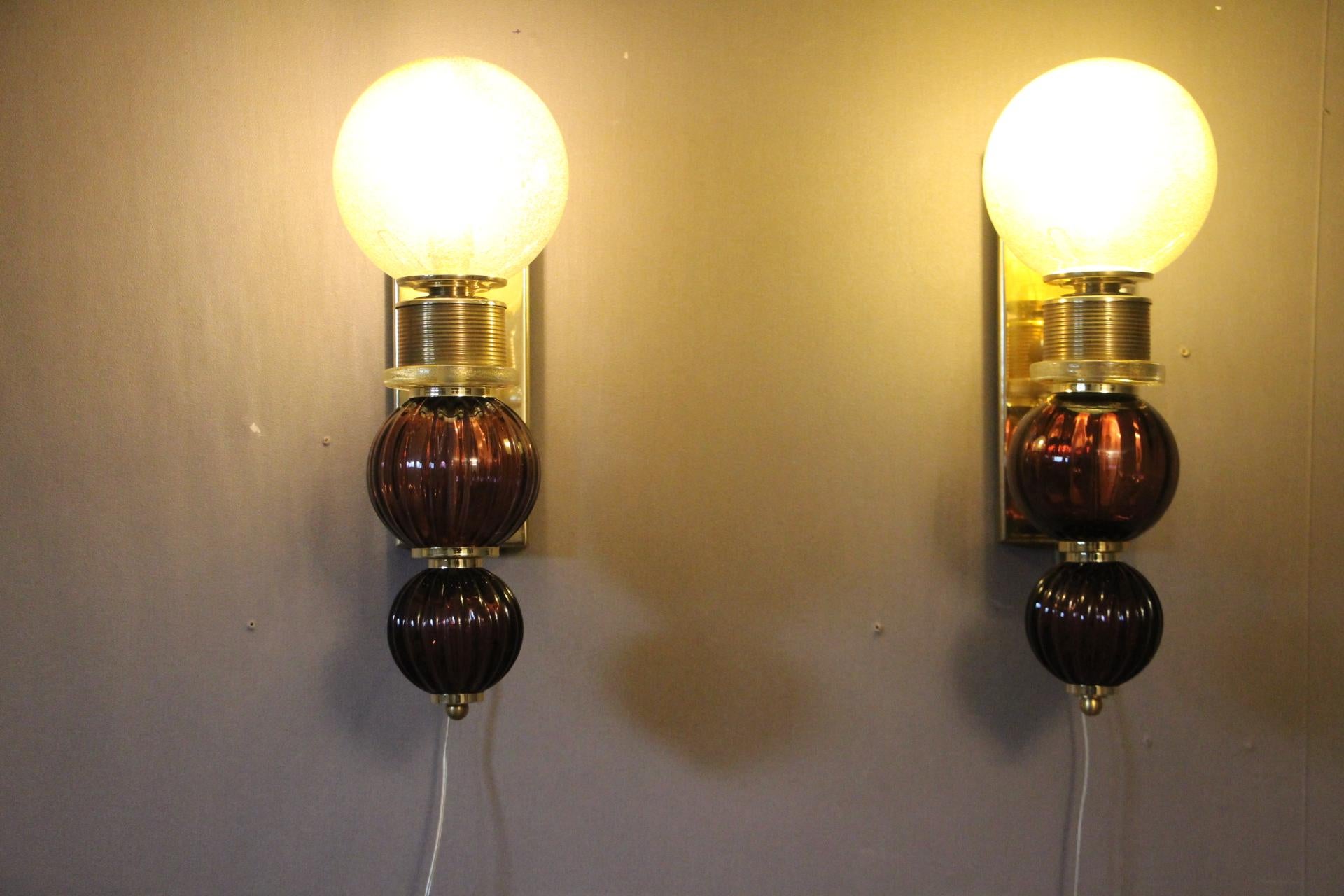 Pair of Italian Midcentury Style Grey and Purple Murano Sconces 1