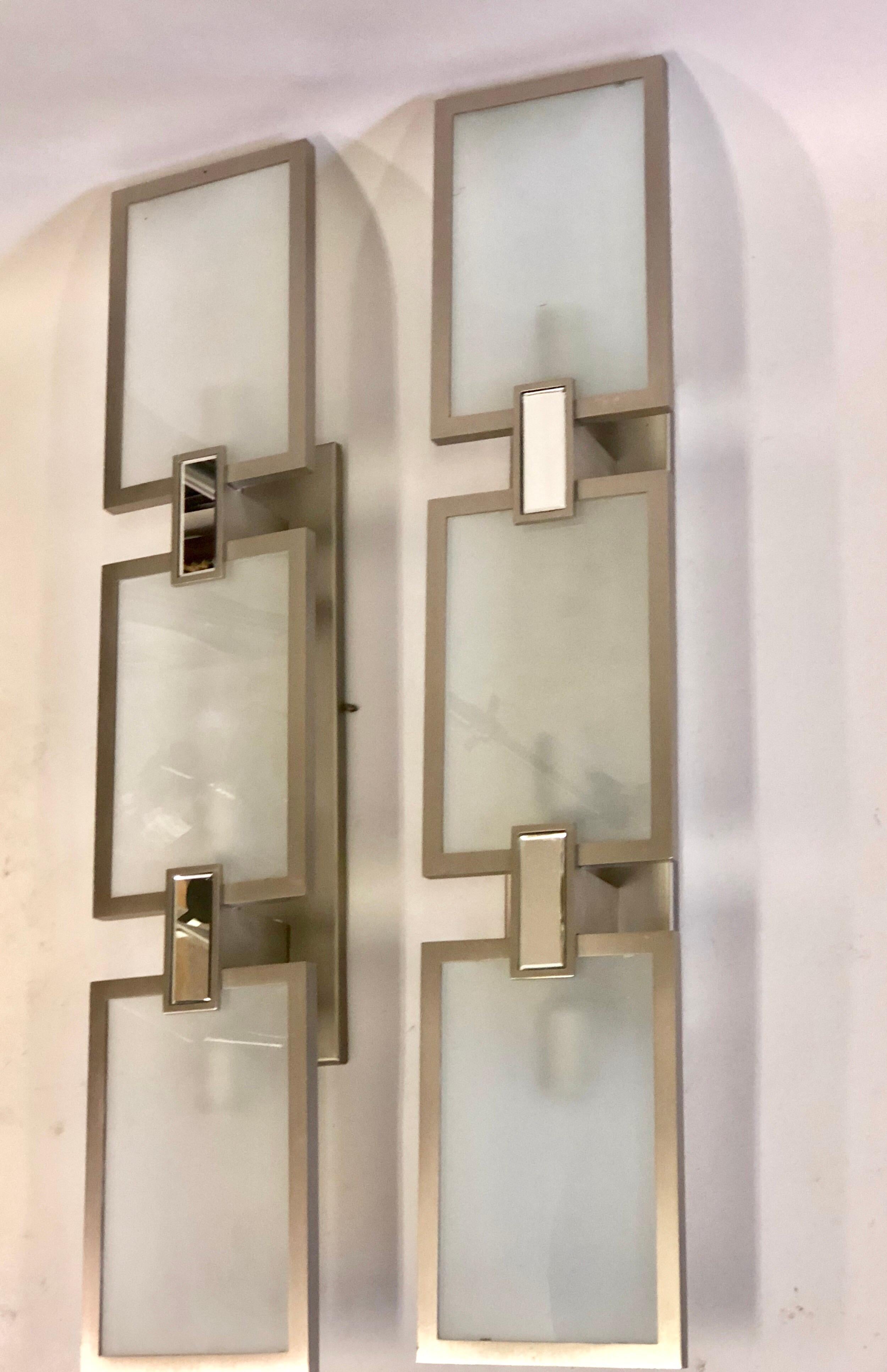 Mid-Century Modern Pair of Italian Midcentury Style Nickel and Frosted Glass Sconces / Flush Mounts For Sale