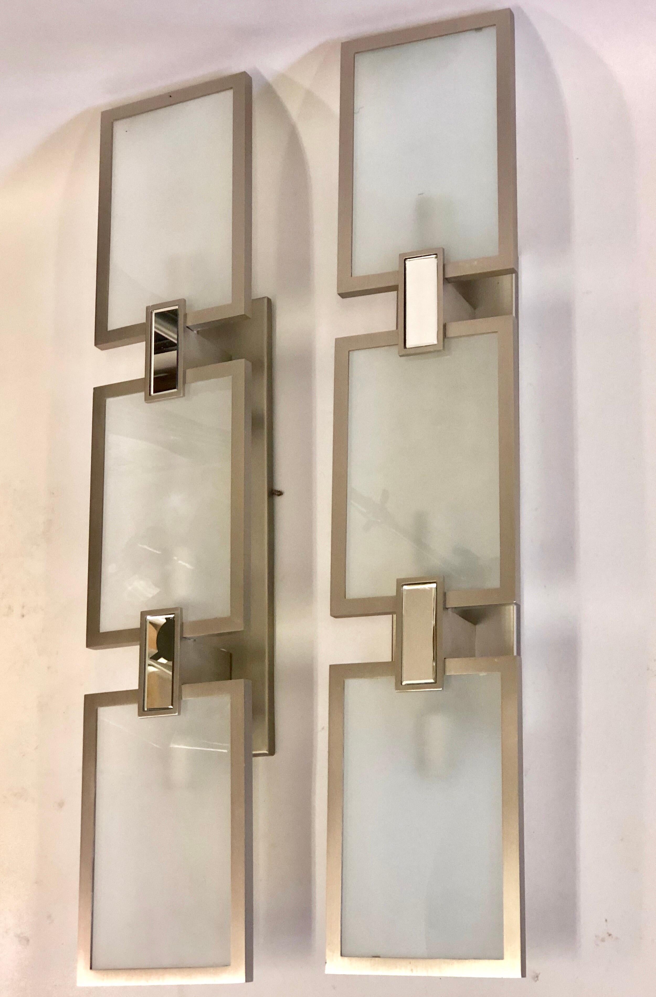 Pair of Italian Midcentury Style Nickel and Frosted Glass Sconces / Flush Mounts In Good Condition For Sale In New York, NY