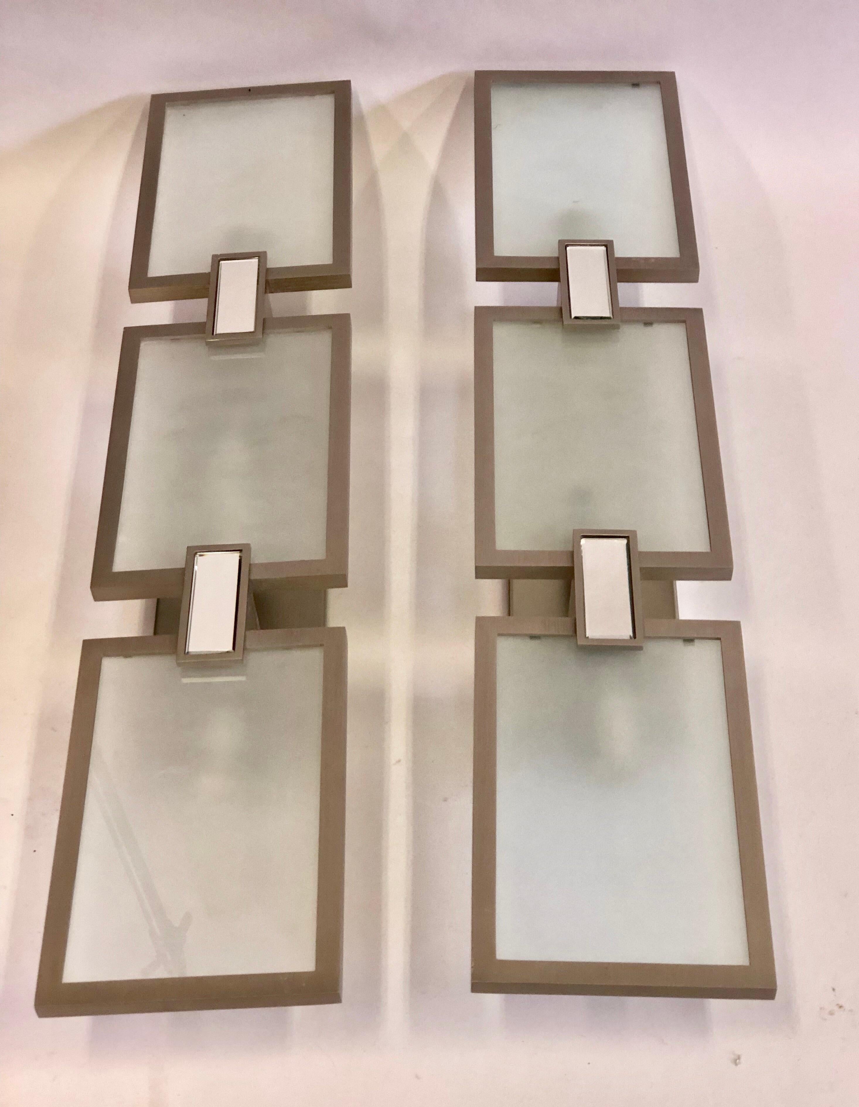 Contemporary Pair of Italian Midcentury Style Nickel and Frosted Glass Sconces / Flush Mounts For Sale