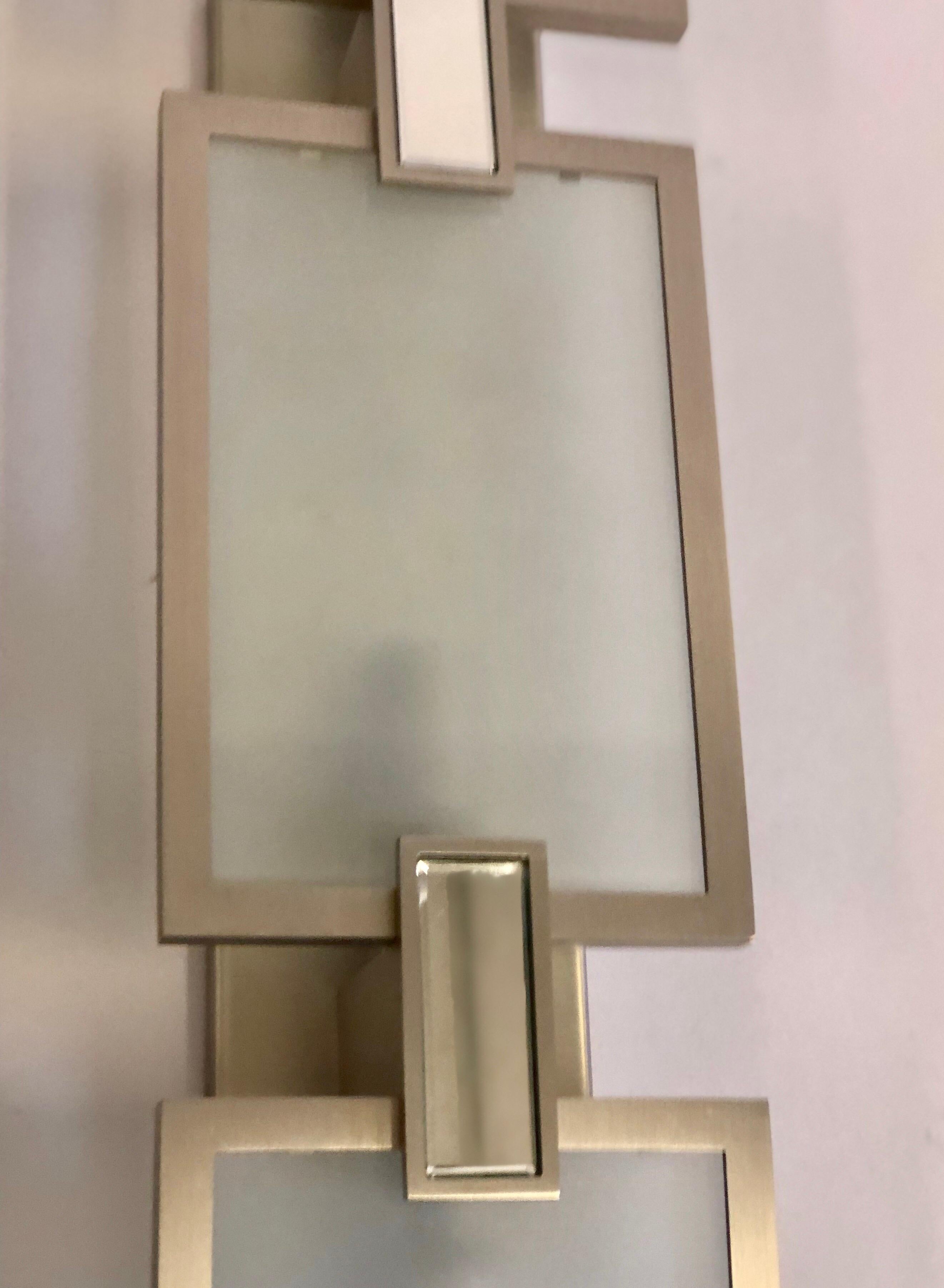 Pair of Italian Midcentury Style Nickel and Frosted Glass Sconces / Flush Mounts For Sale 2