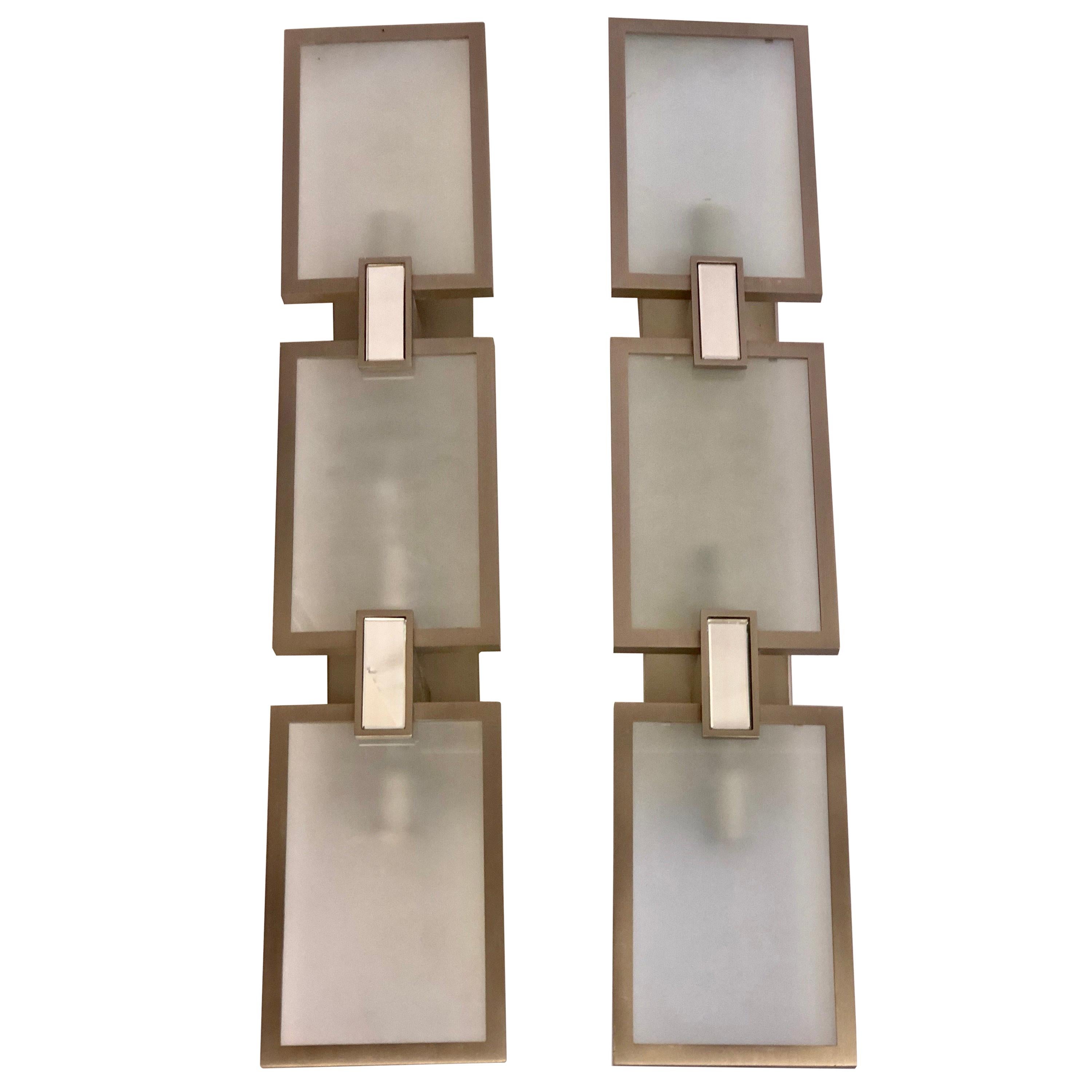 Pair of Italian Midcentury Style Nickel and Frosted Glass Sconces / Flush Mounts