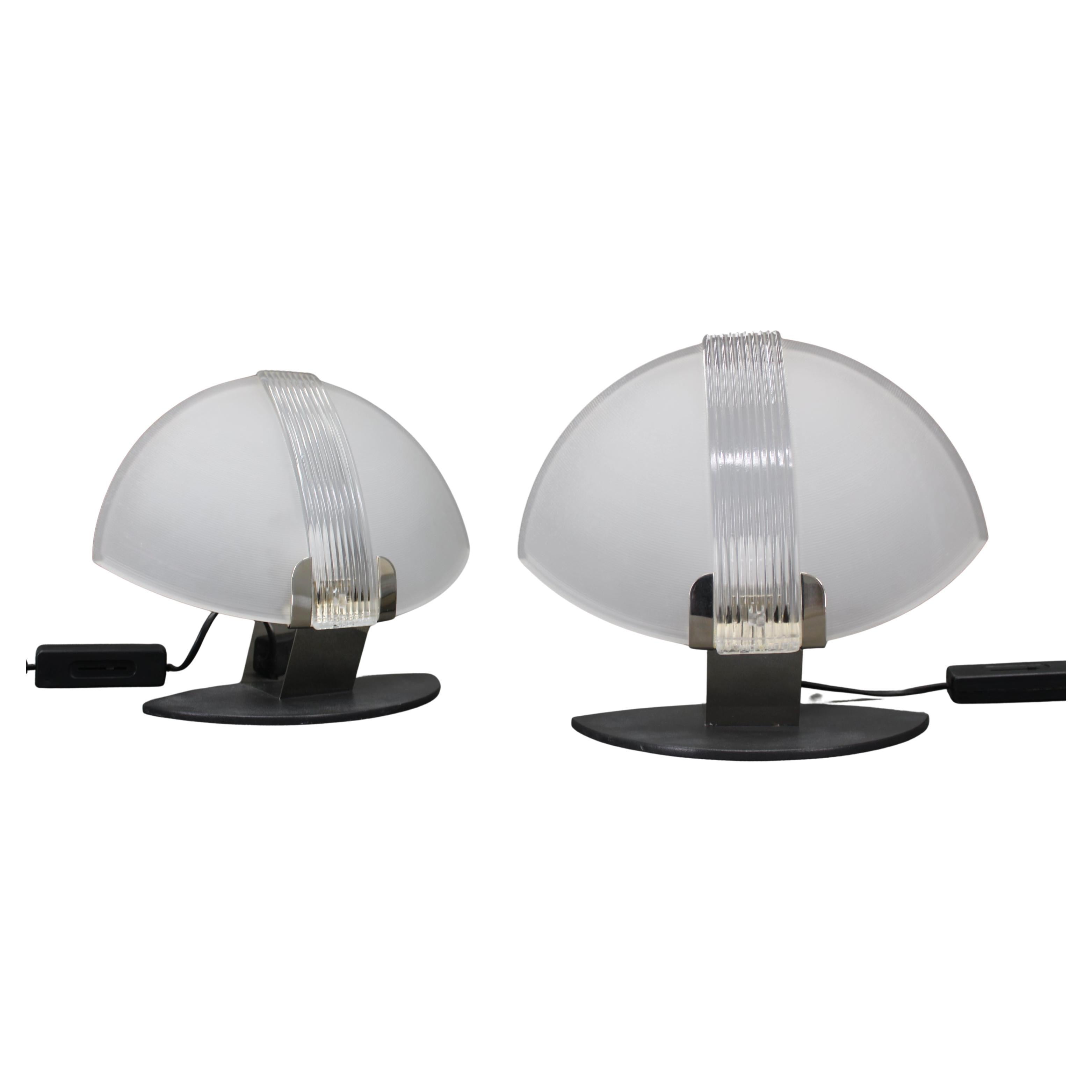 Pair of Italian Midcentury Table Lamps by F. Fabbian, Frosted Glass, 1980s For Sale