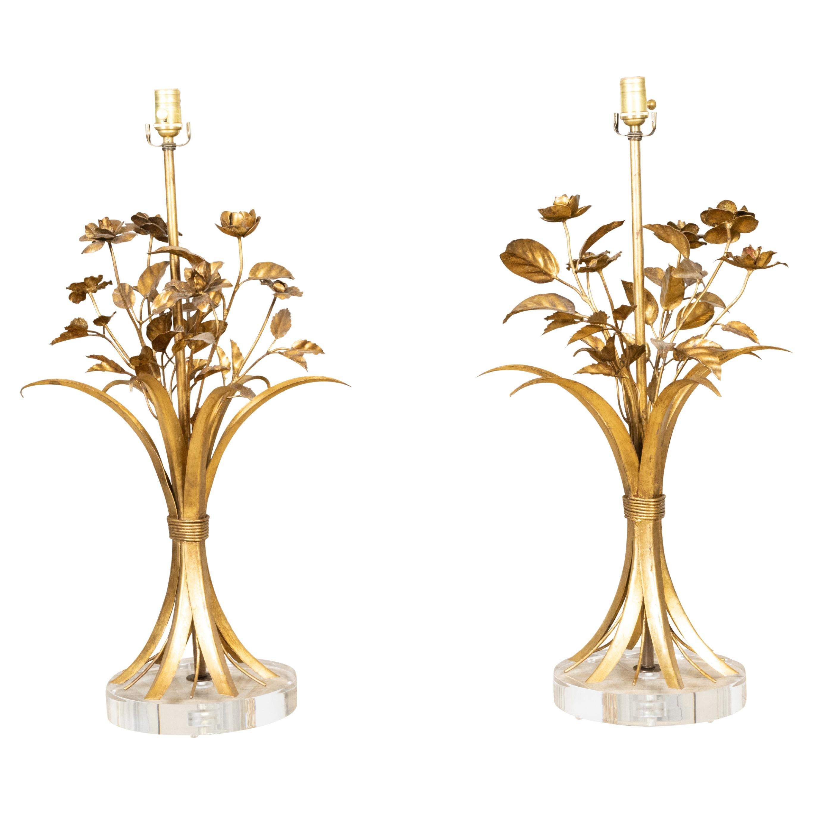 Pair of Italian Midcentury Table Lamps Depicting Bouquets of Roses on Lucite